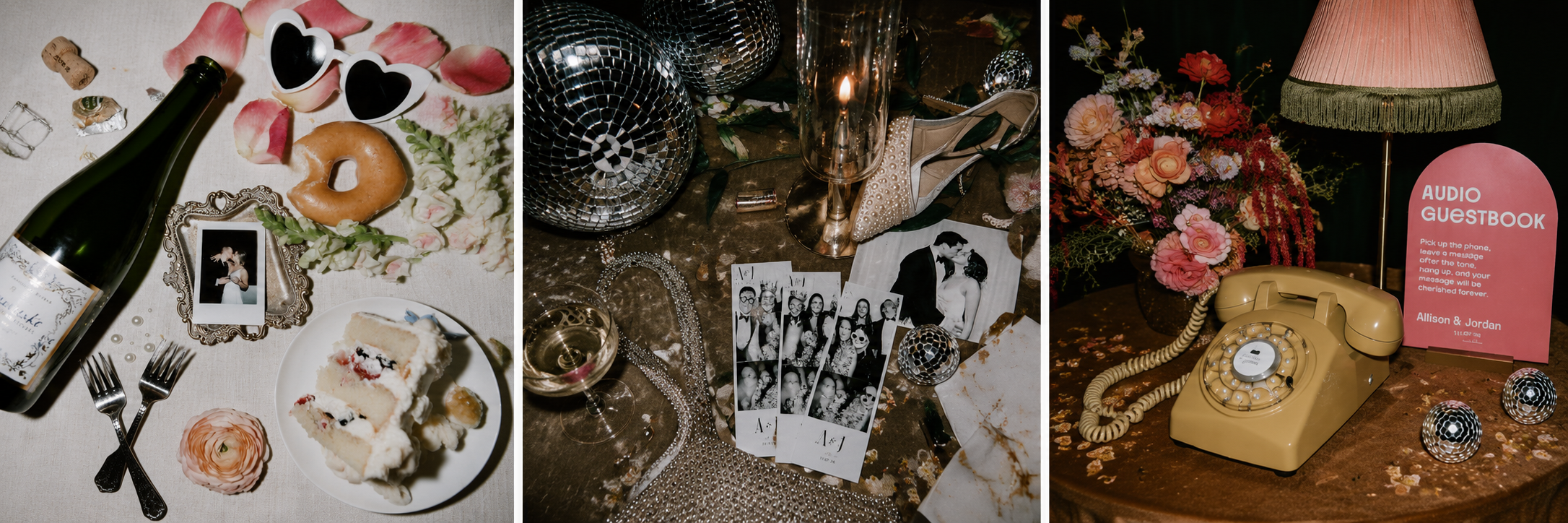 Editorial wedding triptych featuring cake and champagne, late-night disco details and photo booth prints, and a retro audio guestbook styled with colorful florals.