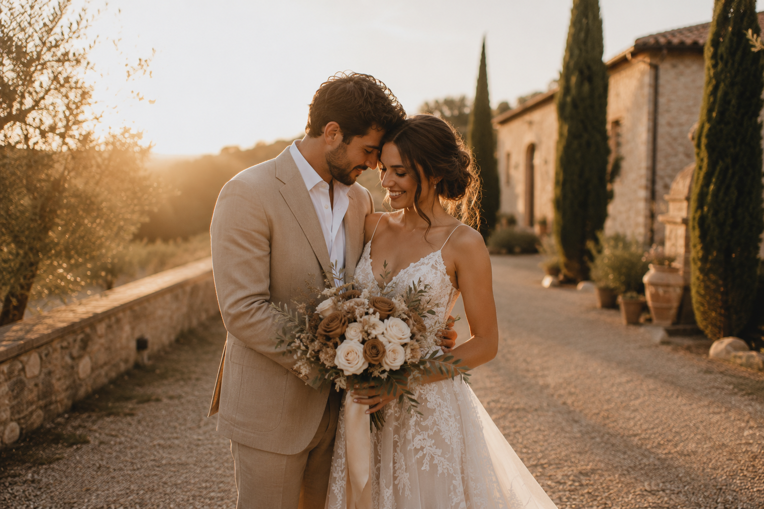 Bride and groom embracing during a golden hour outdoor wedding portrait, featuring a warm neutral colour palette with soft ivory, beige, and earthy floral tones.