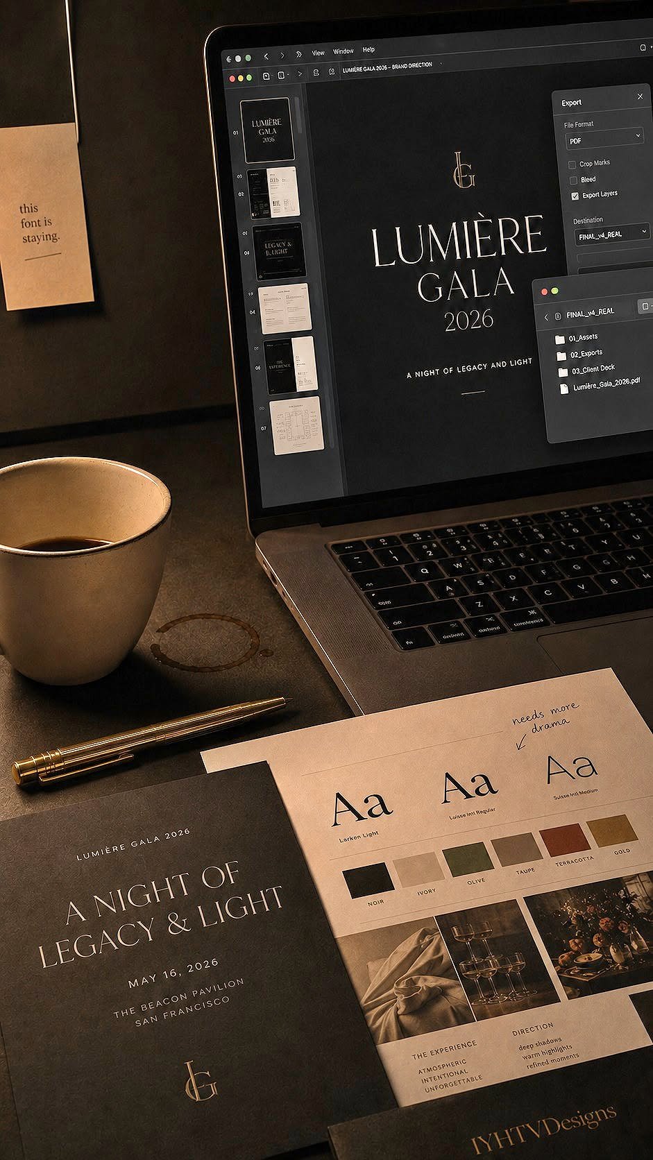 Custom brand identity presentation featuring logo design, typography selection, color palette, editorial layout, and print collateral for a boutique business by IYHTVDesigns.