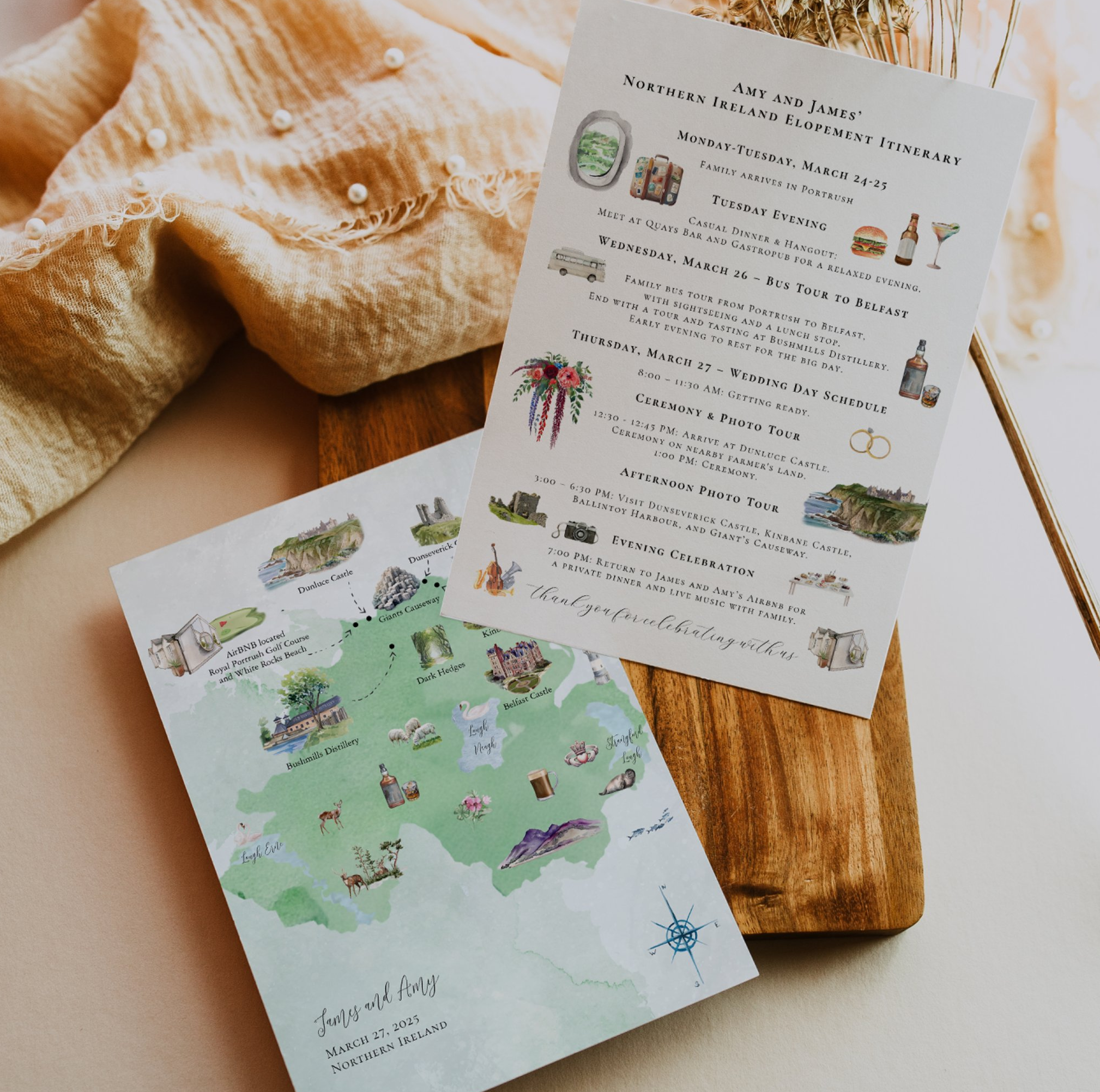 Illustrated Northern Ireland wedding weekend itinerary paired with a custom destination map featuring local landmarks, attractions, accommodations, and a personalized guest guide for an intimate elopement celebration.