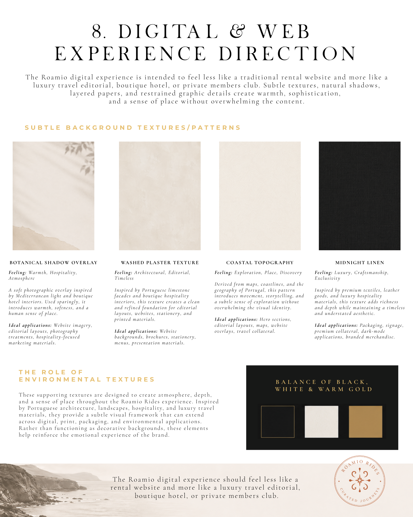 Digital brand identity guidelines for Roamio Rides, showcasing website design direction, background textures, interface patterns, and visual elements for a luxury travel and hospitality brand.