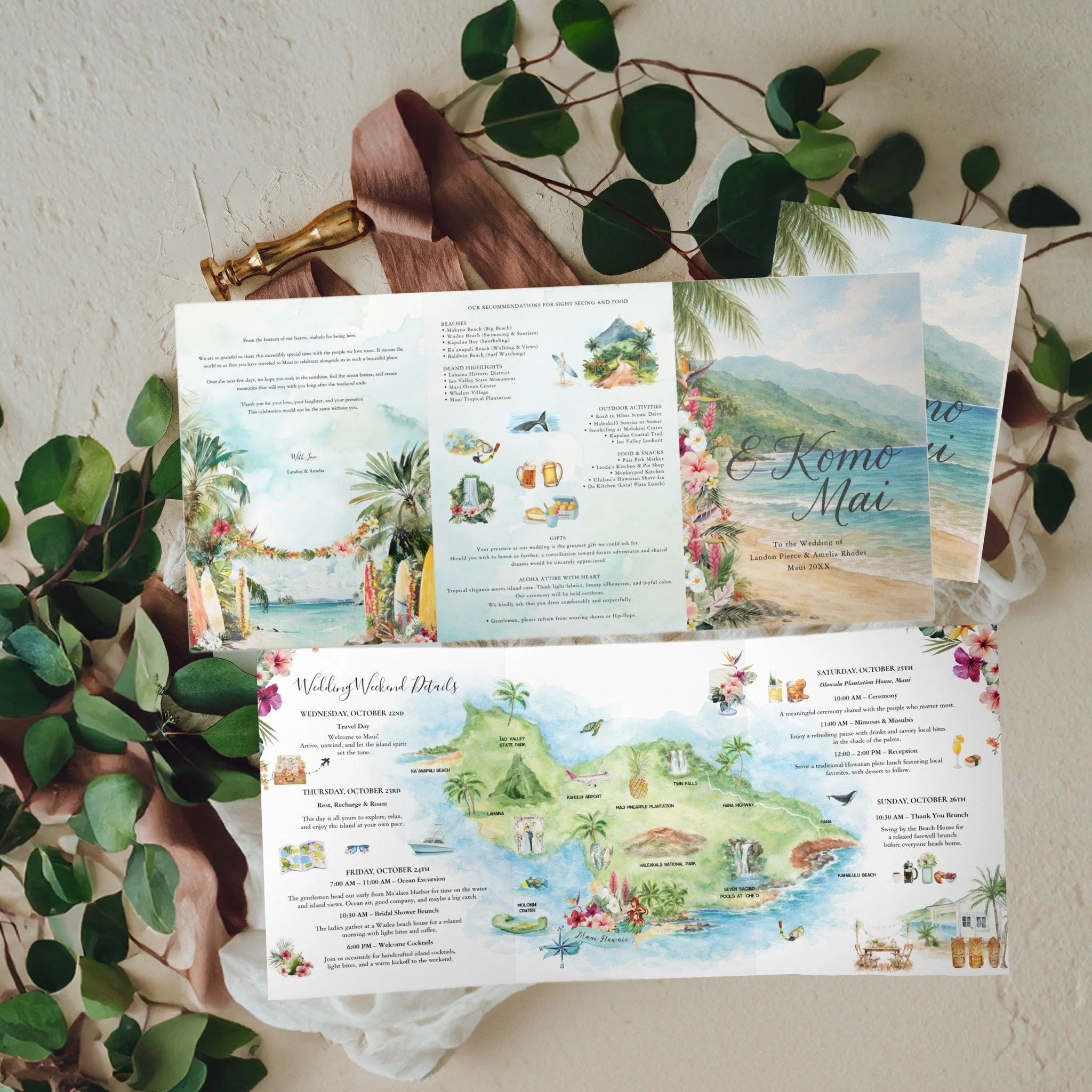 Hand-painted watercolor destination wedding map and weekend itinerary for a Maui, Hawaii wedding, featuring custom venue artwork, travel details, and illustrated island landmarks designed by IYHTVDesigns.