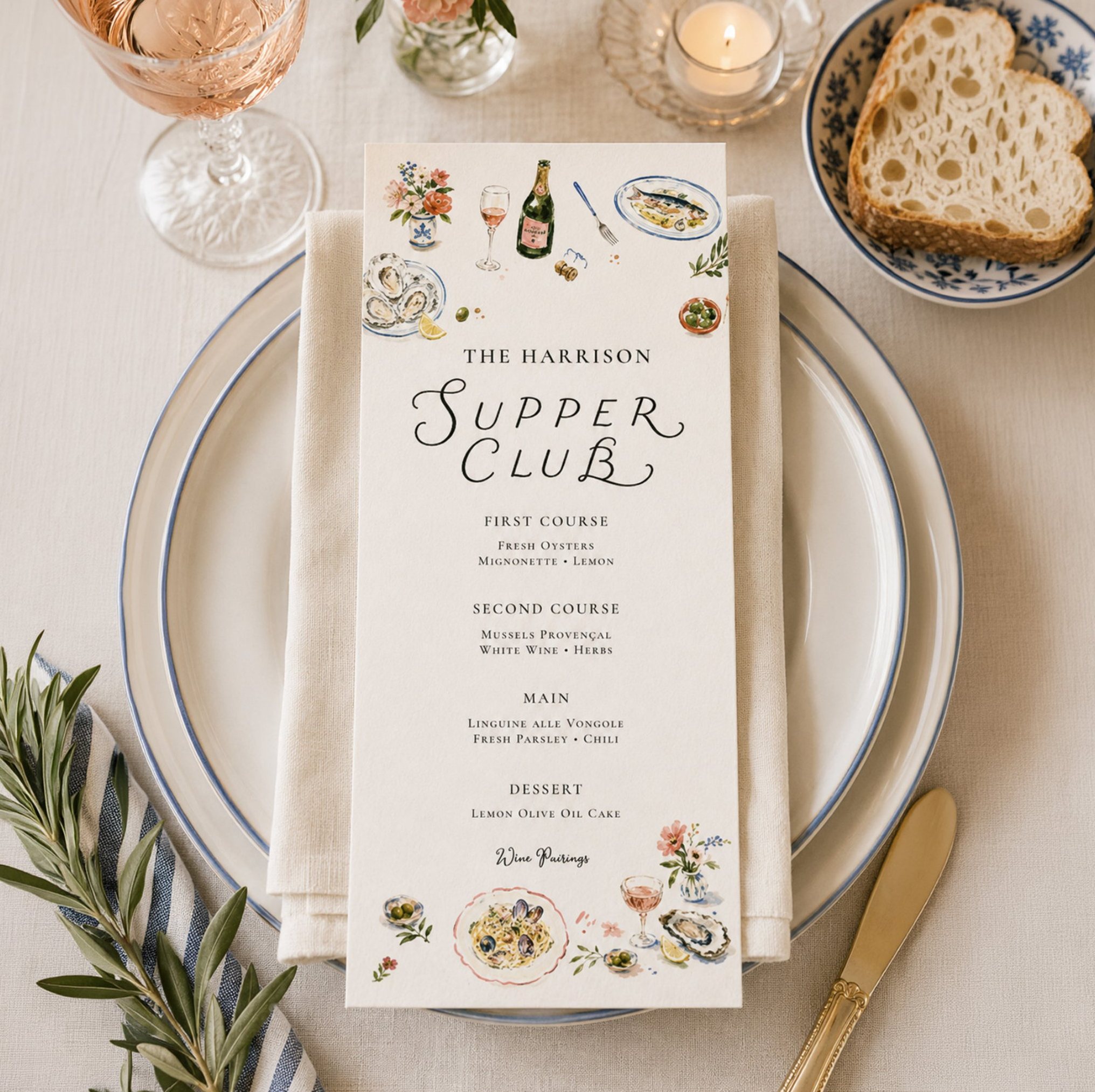 Illustrated supper club menu featuring hand-painted watercolor food and wine illustrations, custom typography and an elegant tablescape designed for an intimate dining experience.