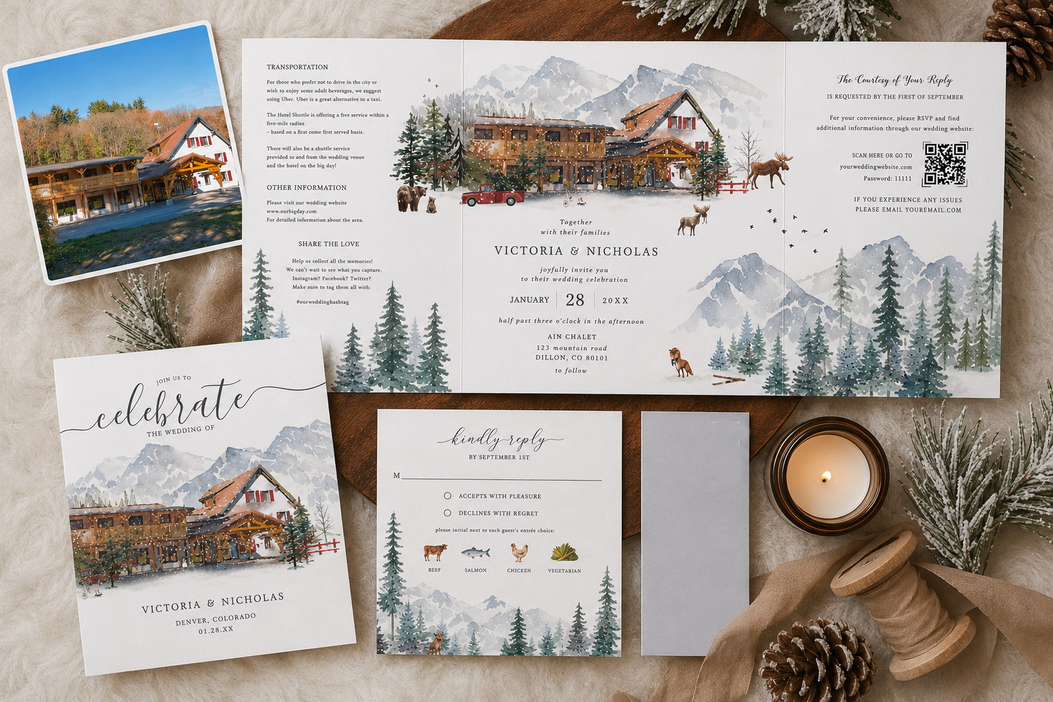 Flat lay of a custom winter destination wedding invitation suite featuring a fully open illustrated tri-fold invitation, matching invitation card, RSVP card, and a reference photograph of the mountain lodge venue. The suite includes hand-painted wate