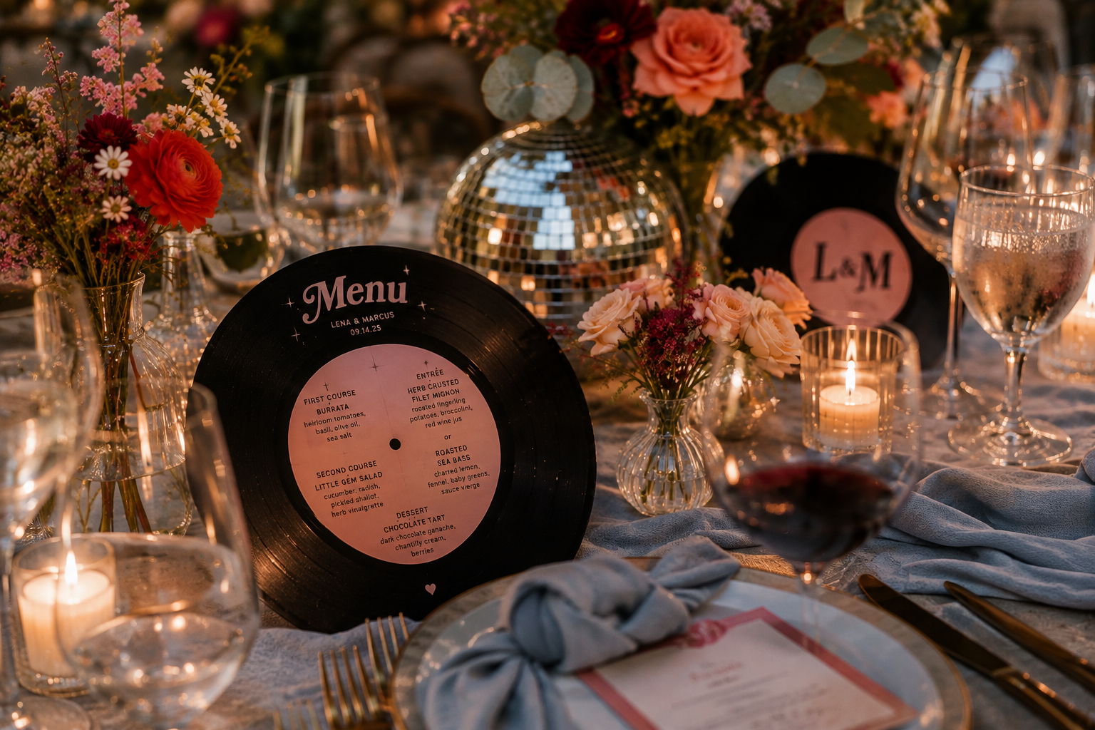 Vinyl record wedding menu styled within a colorful reception tablescape with powder blue linens, vibrant flowers, candlelight and playful disco ball details.