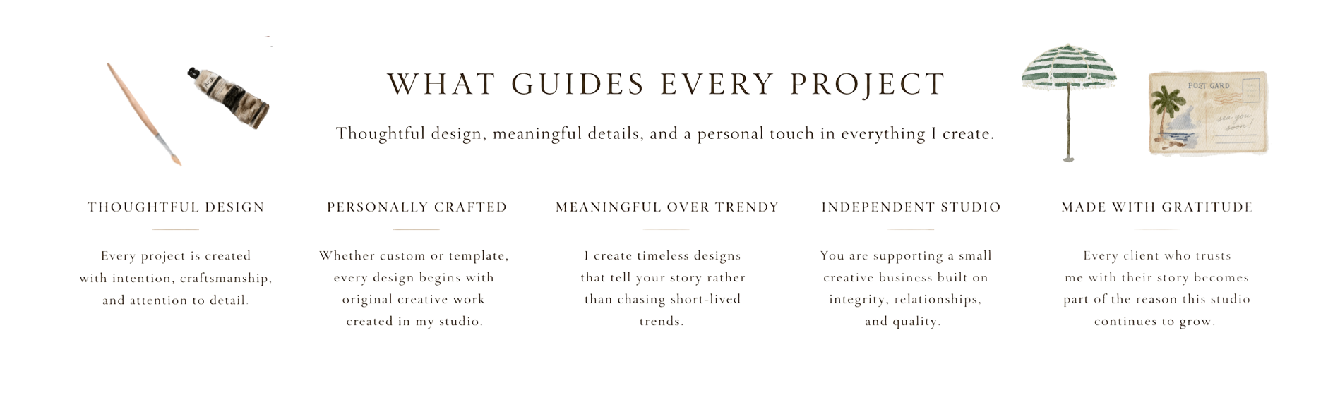 Illustrated banner highlighting the values that guide every IYHTVDesigns project, including thoughtful design, original craftsmanship, timeless creativity, small business relationships, and gratitude.