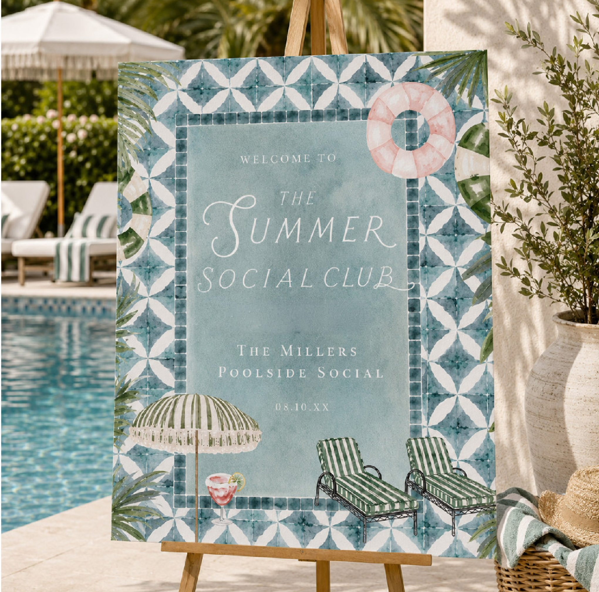 Illustrated poolside welcome sign featuring hand-painted Mediterranean tiles, striped loungers, tropical foliage, and resort-inspired details for a custom summer celebration.