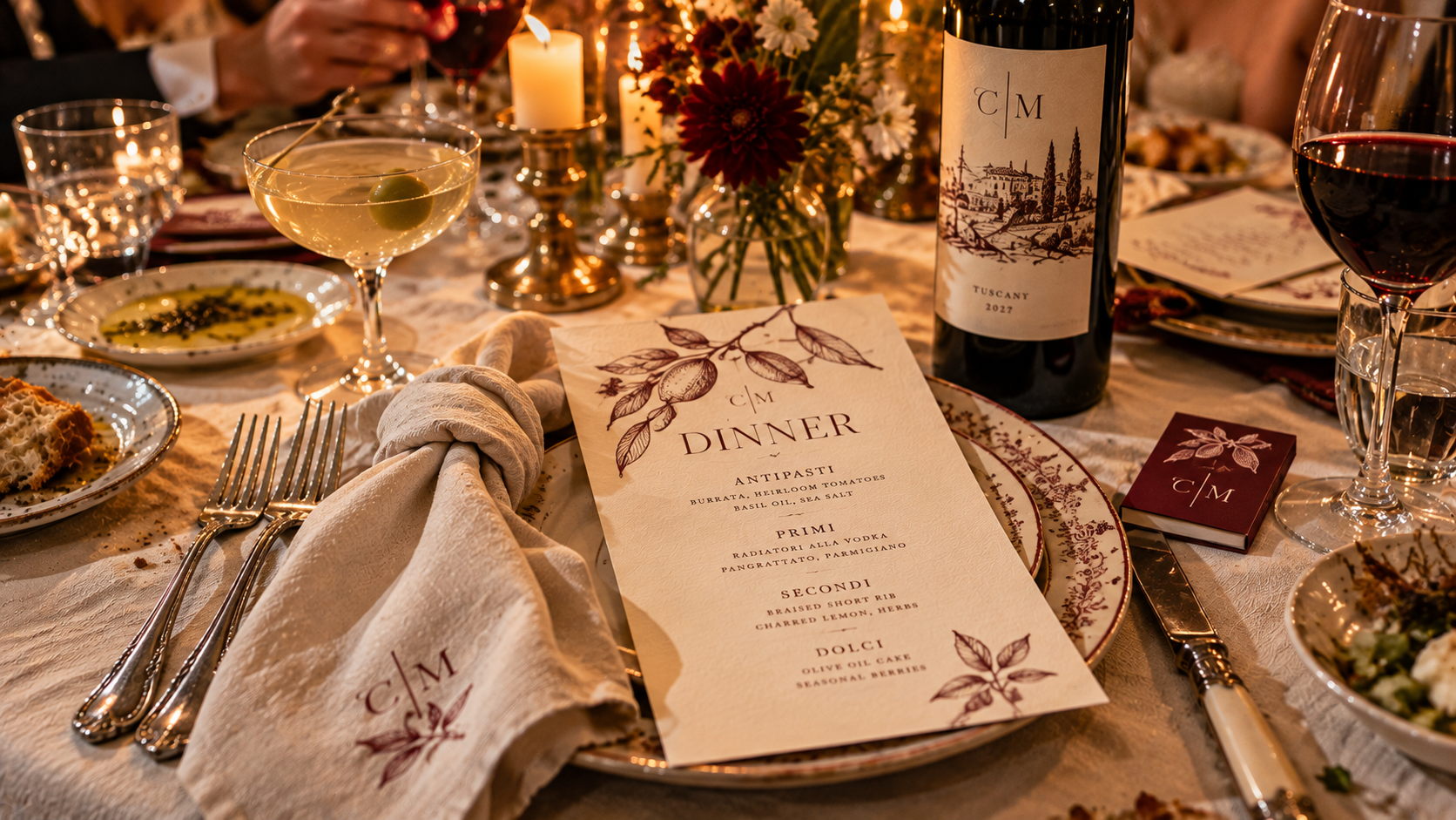 Candlelit wedding reception table featuring custom dinner menus, monogrammed napkins, personalized wine labels and matching matchbooks, showcasing restaurant-inspired wedding stationery and event branding.