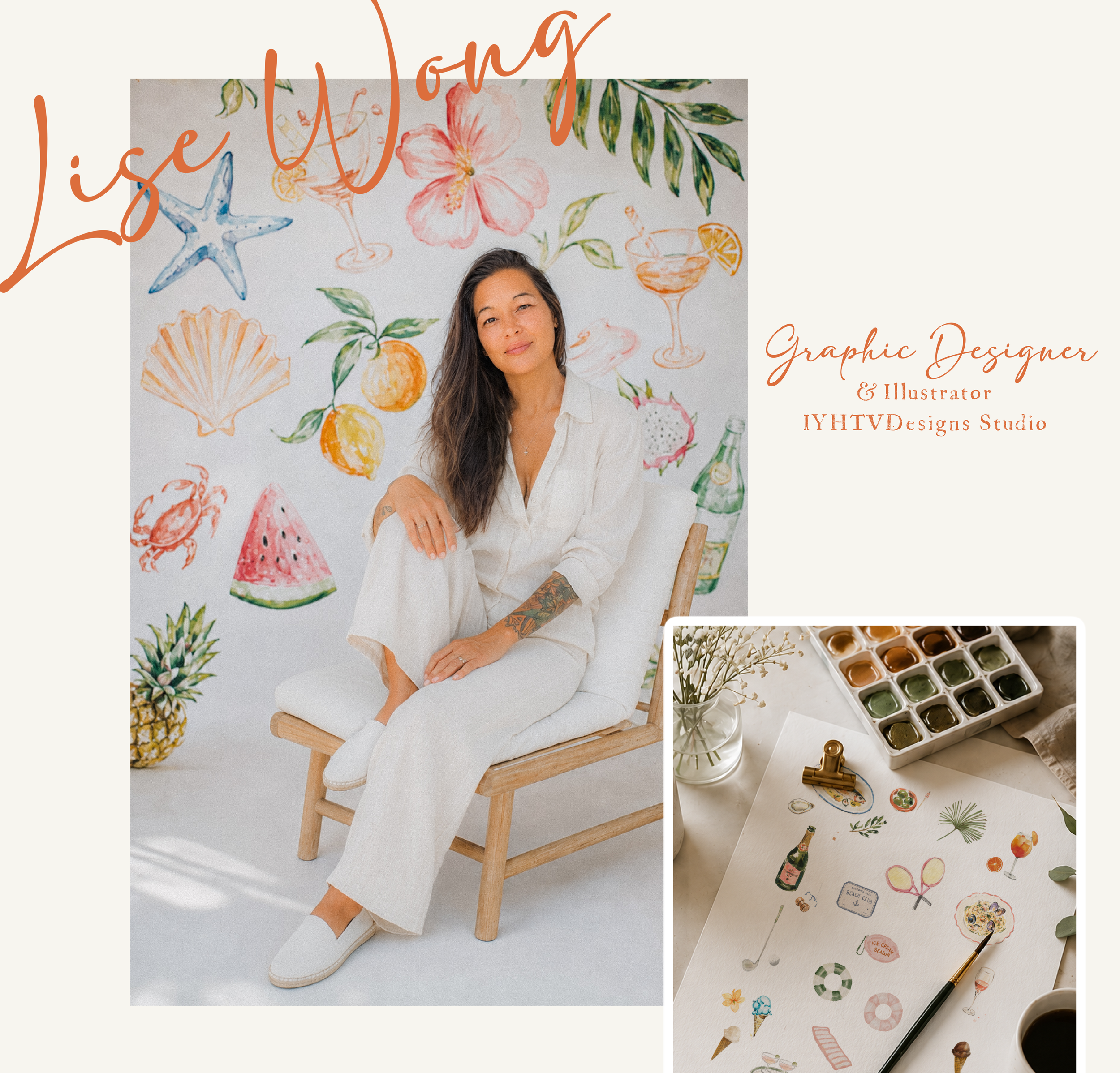 Portrait of graphic designer and illustrator Lise Wong seated in front of a backdrop featuring her hand-painted watercolor illustrations, with a close-up of original artwork and watercolor supplies showcasing the creative process behind IYHTVDesigns