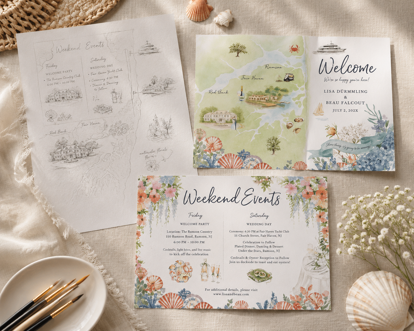 Sketch-to-finished process of a custom illustrated New Jersey wedding weekend itinerary, welcome guide, and destination map.