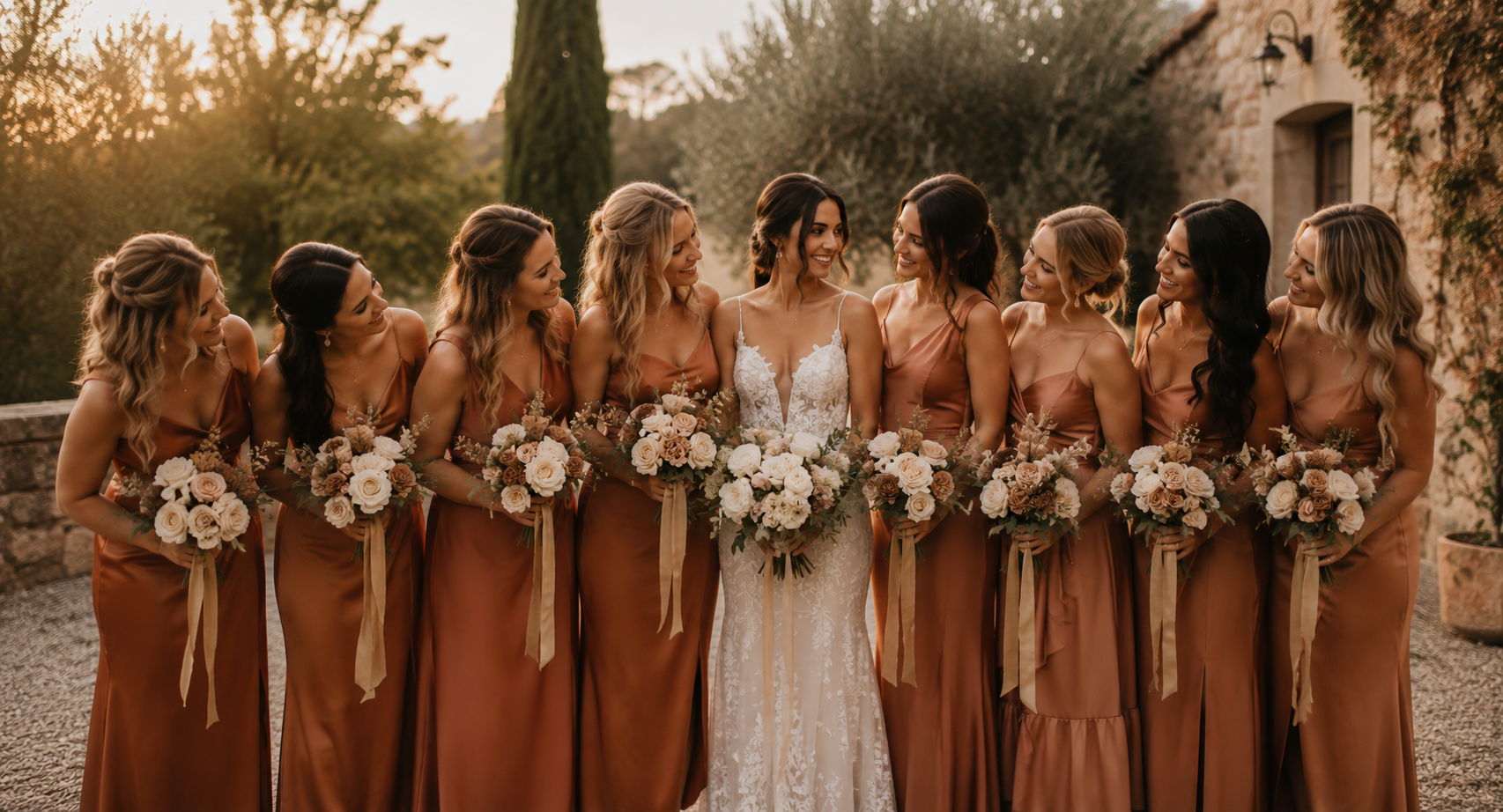 Bride surrounded by bridesmaids in warm copper satin dresses during a golden hour wedding, showcasing the elegant warm minimalist colour palette trending for 2026 weddings.