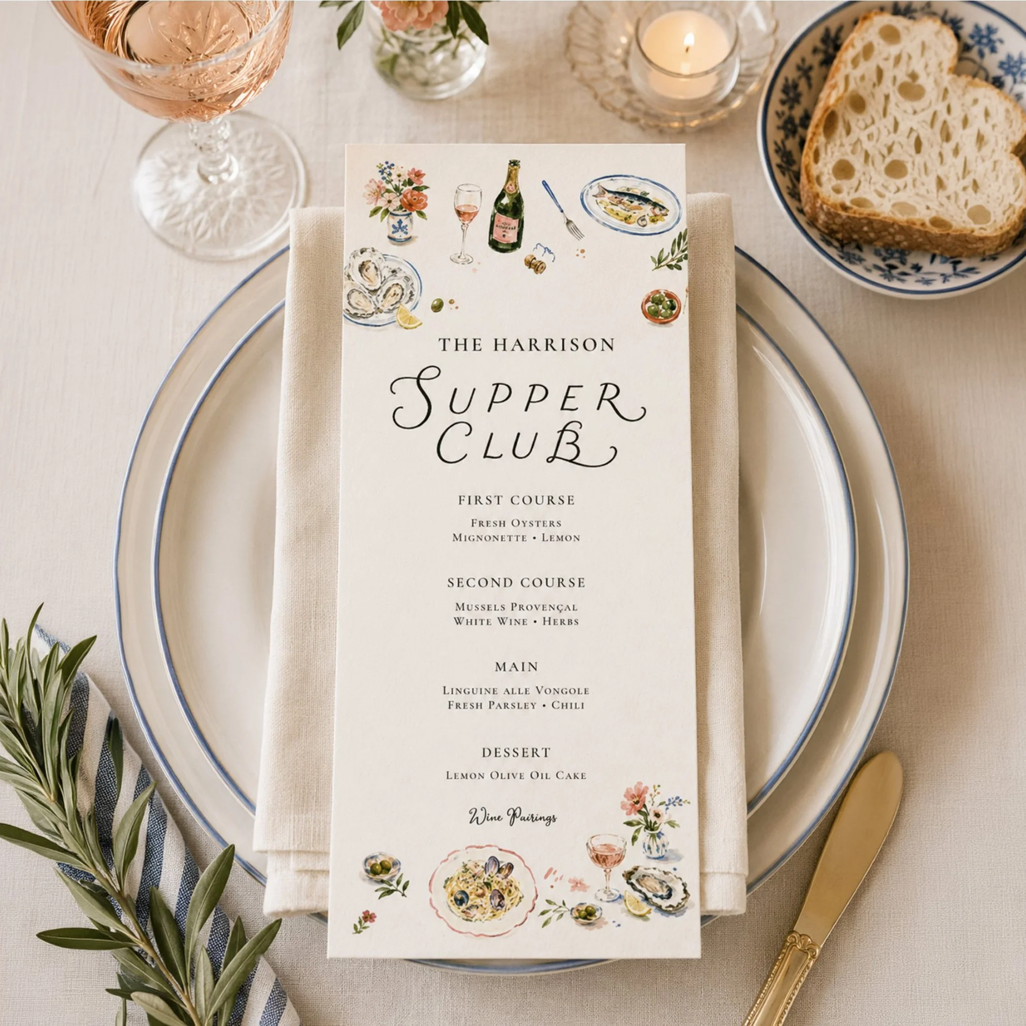 Elegant Supper Club menu featuring signature lettering, hand-painted food illustrations, and custom typography for a sophisticated dinner party tablescape.