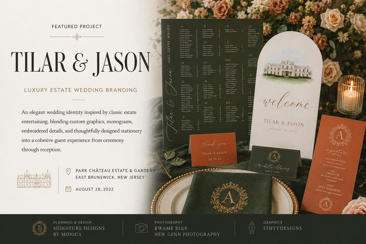 Luxury estate wedding branding featuring custom welcome sign, seating chart, drink menu, place cards, venue illustration, and elegant day-of stationery by IYHTVDesigns.