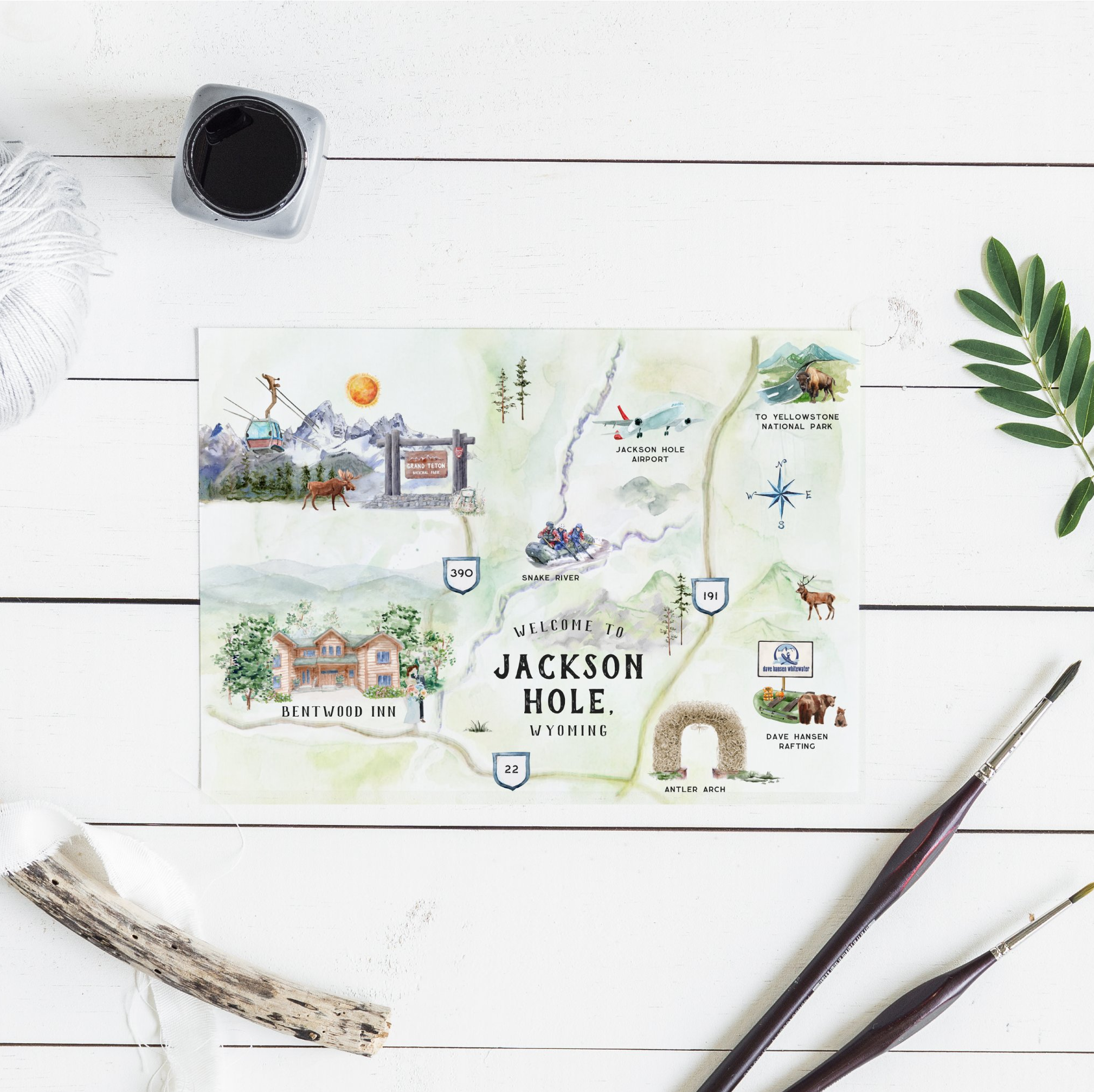 Custom illustrated destination wedding map of Jackson Hole, Wyoming featuring hand-painted local landmarks, mountain scenery, wildlife, roads, lodging, outdoor adventures, and wedding locations to help guests explore the destination throughout the ce
