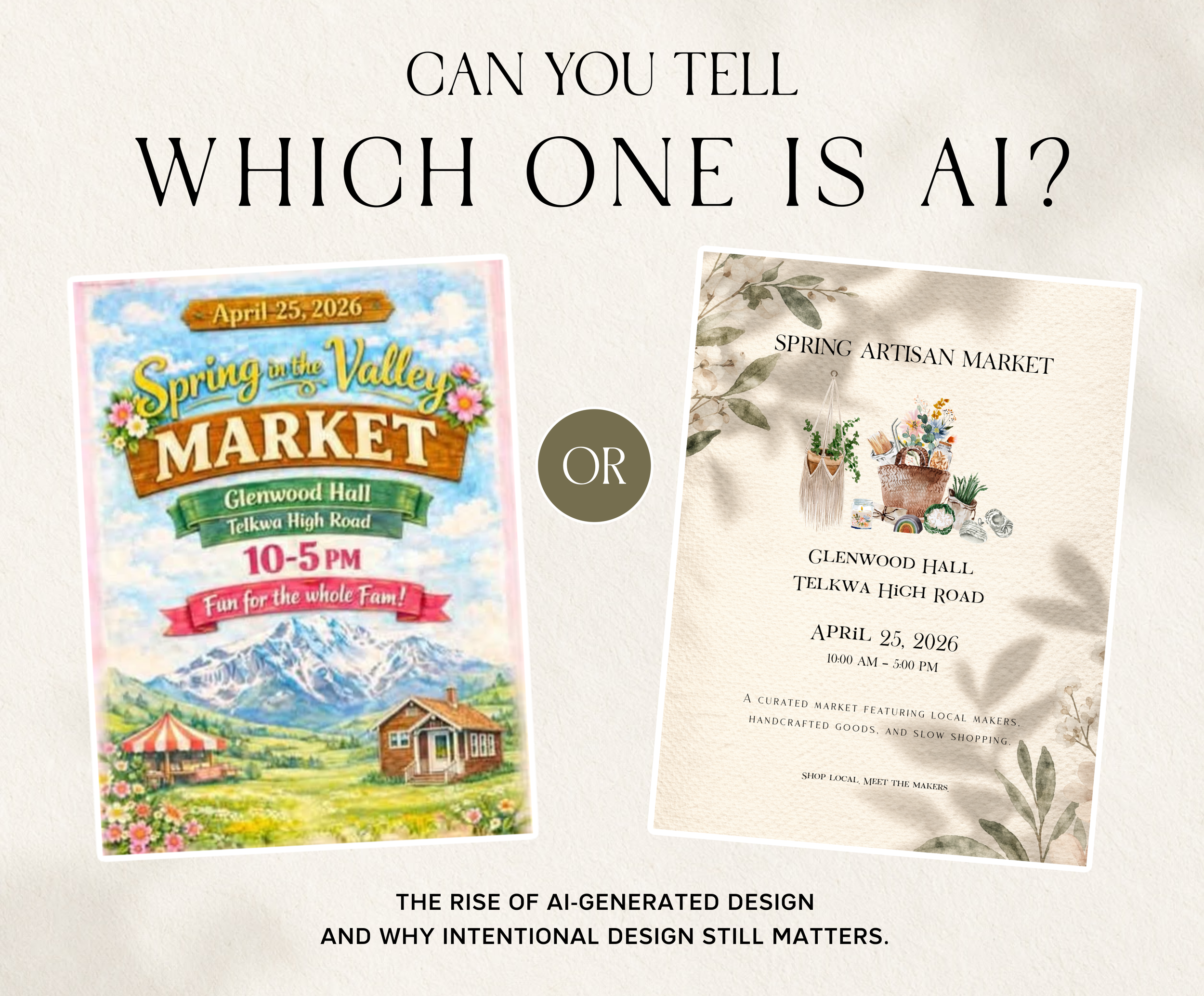 Side-by-side comparison of an AI-generated event flyer and a professionally designed artisan market poster, highlighting the difference between automated graphics and intentional branding.
