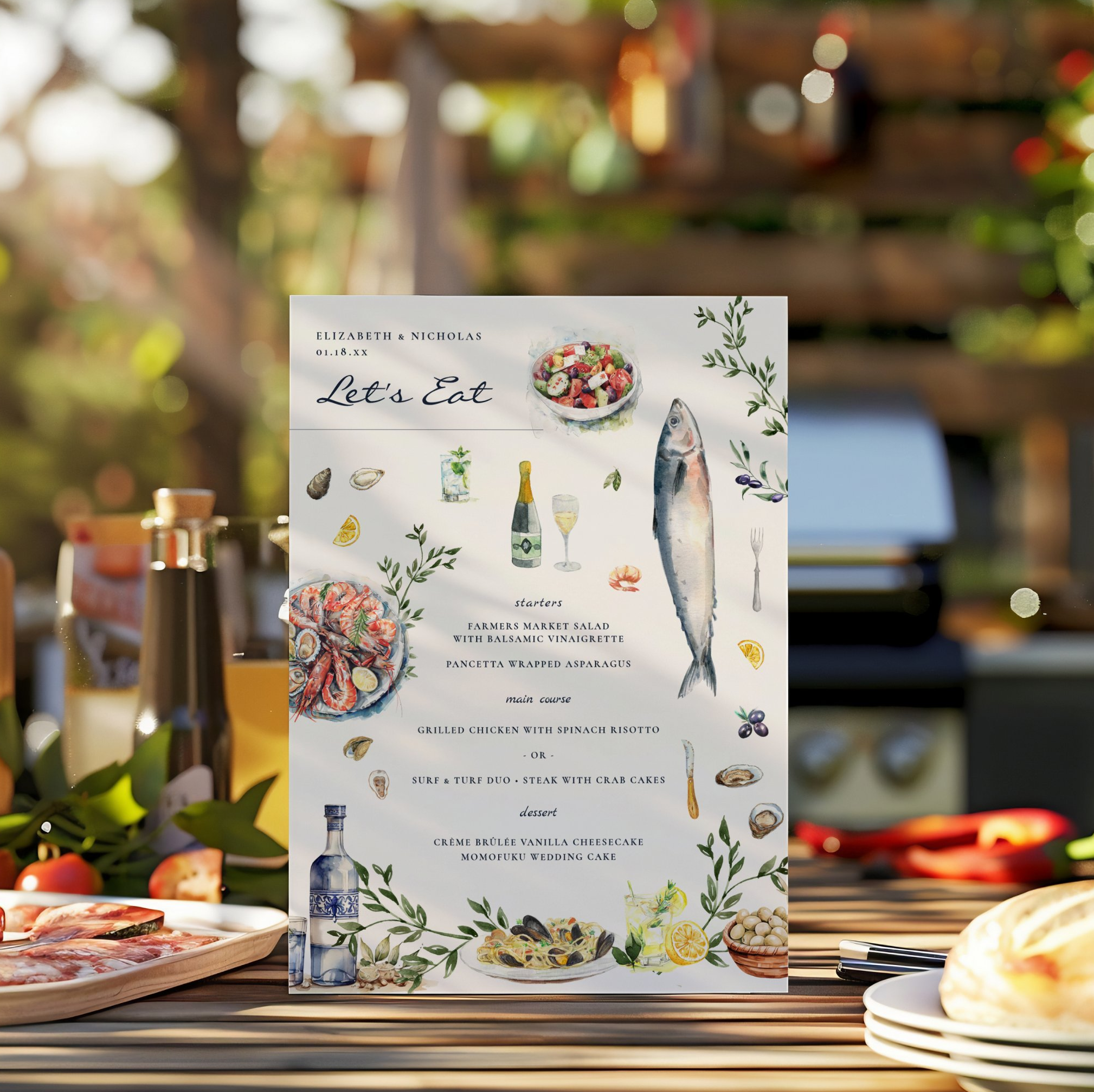 Custom illustrated Mediterranean event menu featuring hand-painted watercolor seafood, wine and olive branch illustrations designed for an elegant dining experience.