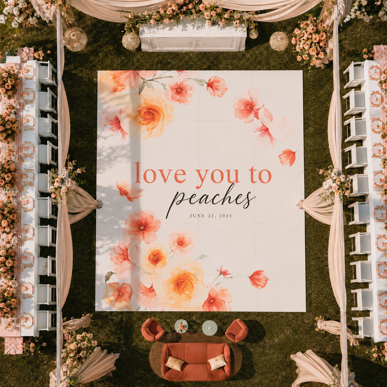Overhead view of a custom watercolor peach blossom dance floor wrap featuring the phrase "love you to peaches," surrounded by elegant outdoor reception tables, floral installations, draped pergolas, and lounge seating for a romantic garden celebratio