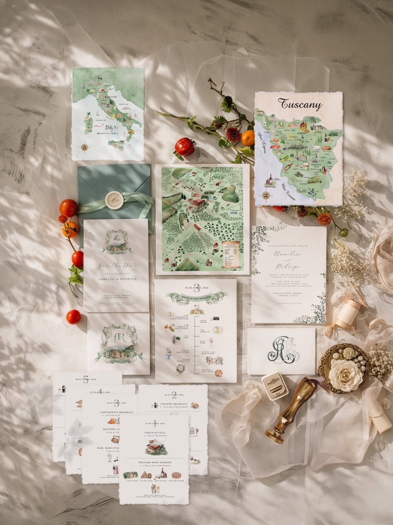 Luxury Tuscany destination wedding stationery suite featuring custom watercolor maps, venue illustration, invitation, wedding crest, itinerary cards, and coordinated paper goods.