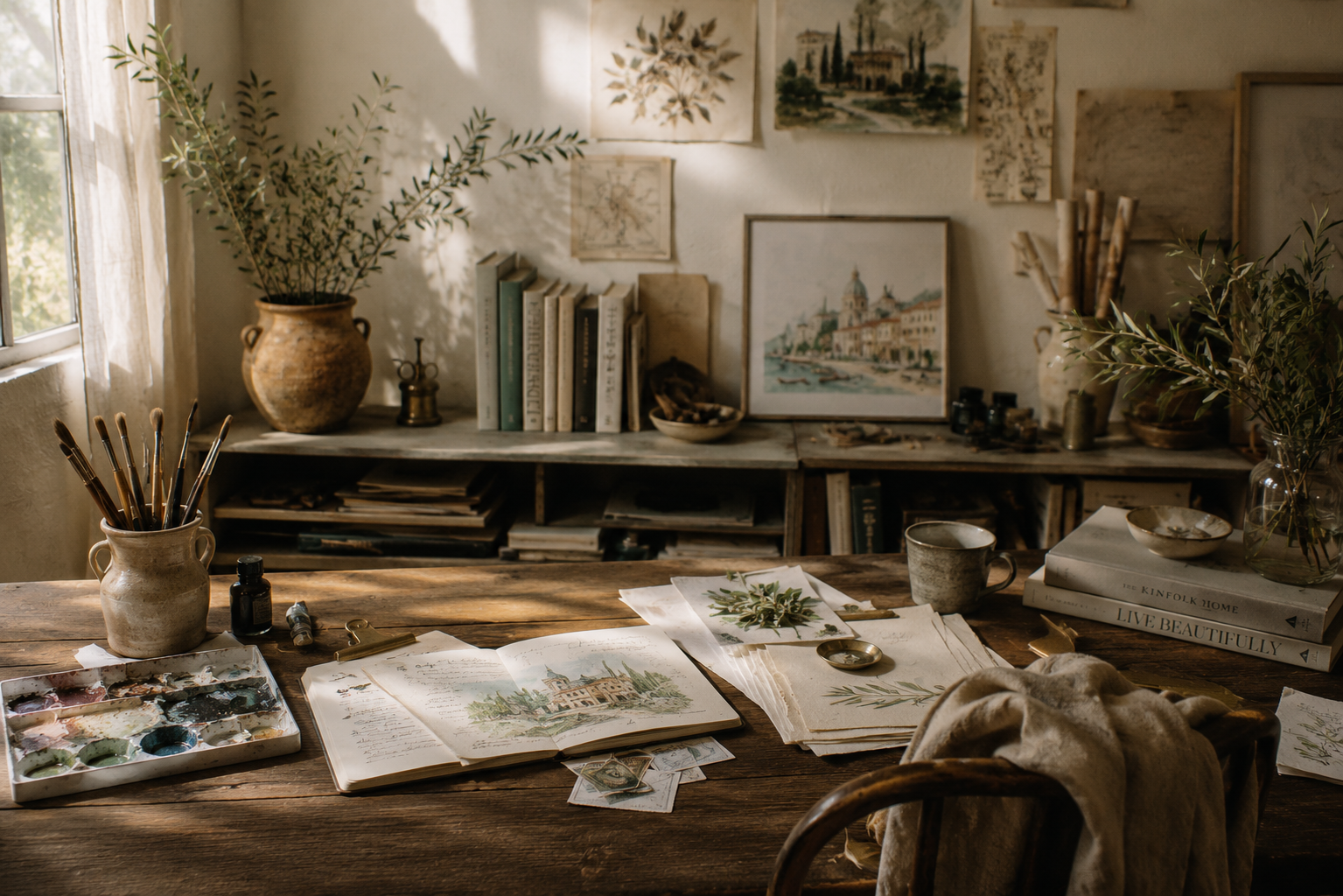 Sunlit artist's studio with watercolor paintings, sketchbooks, handmade paper, botanical studies, and creative tools used for custom illustration, branding, and wedding stationery design.