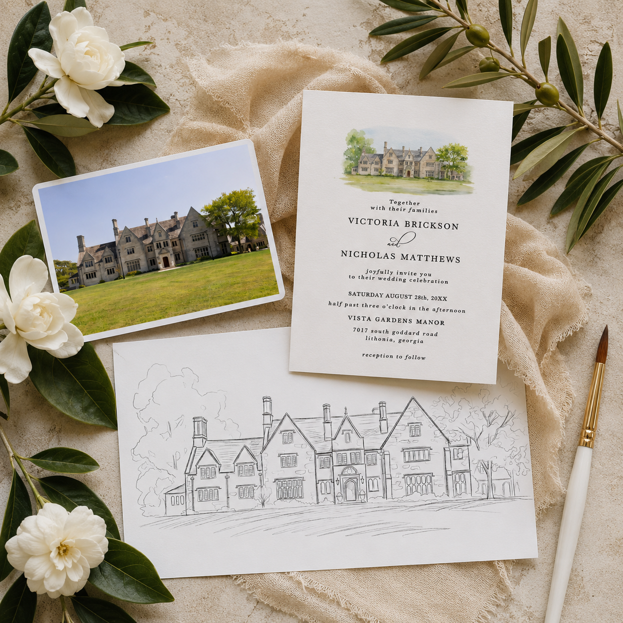 Flat lay showing the design process for a custom Hartwood Mansion wedding invitation, including the venue reference photo, original architectural sketch, and finished invitation featuring a hand-painted watercolor illustration of the historic manor.