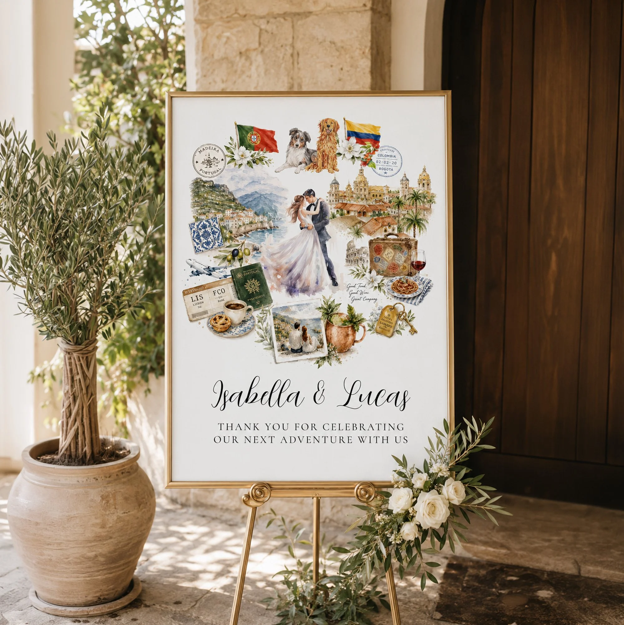 Custom watercolor wedding crest welcome sign with travel-inspired illustrations, multicultural details, and romantic storybook wedding artwork.