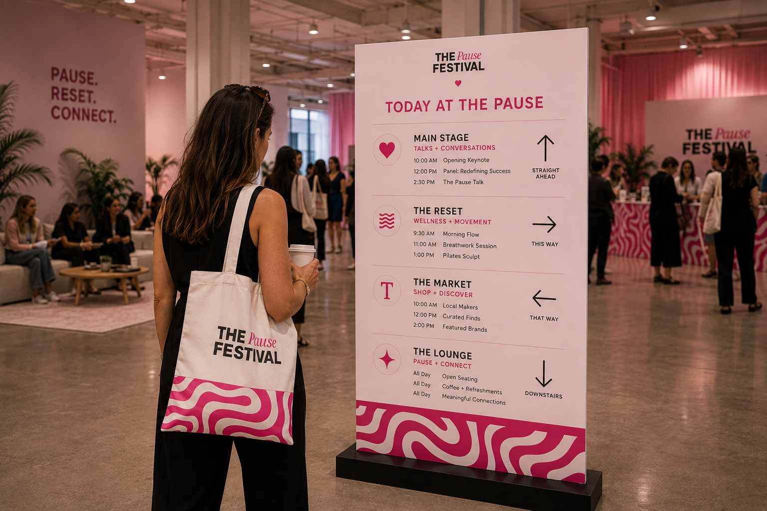 Guest reading a branded Pause Festival event schedule and wayfinding sign featuring session times and directional information within the pink festival environment.