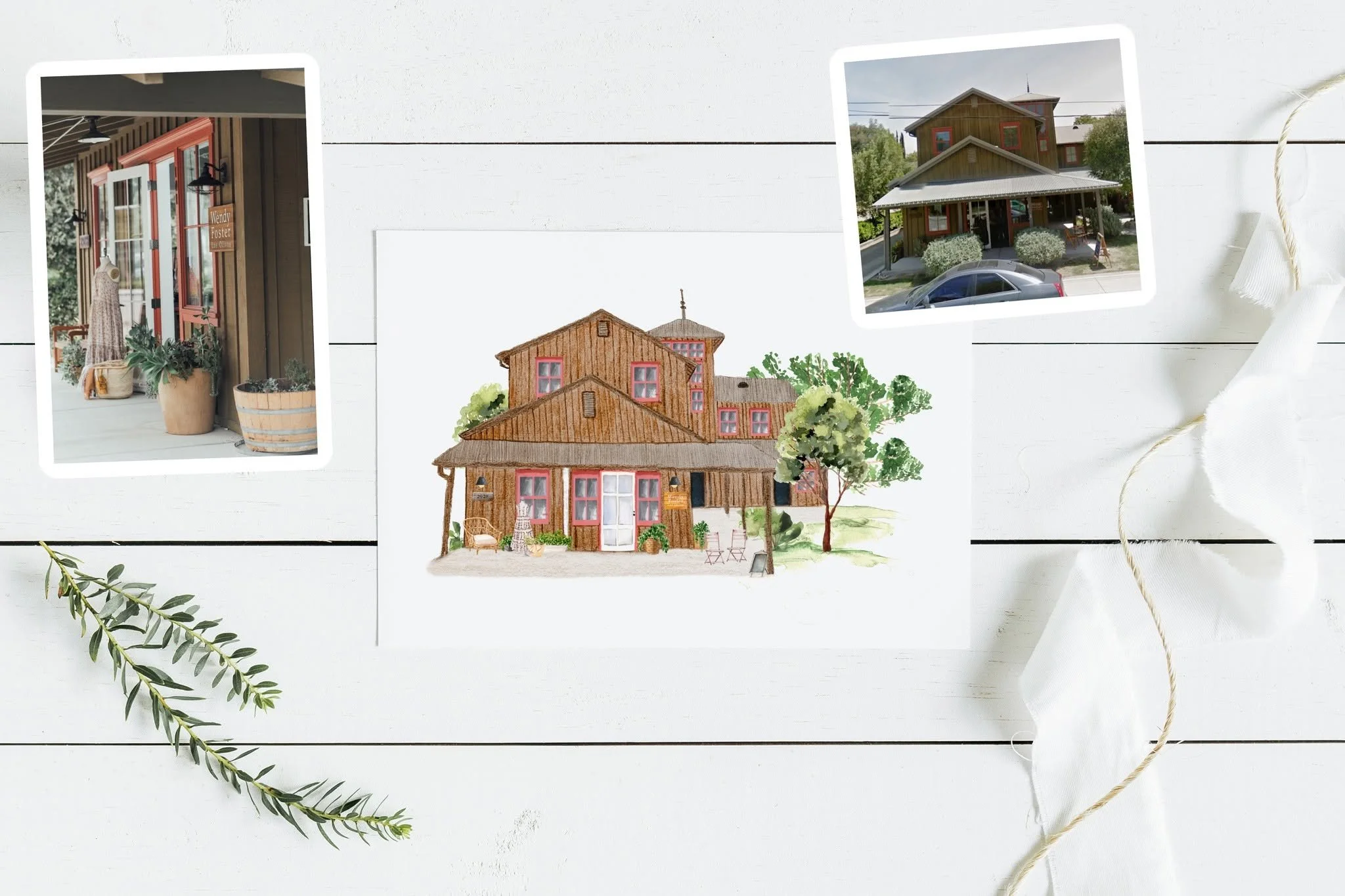 Reference photographs displayed alongside the finished Wendy Foster storefront illustration, showing how real architecture was translated into a custom hand-illustrated building for the destination map of Santa Barbara, Montecito, and Los Olivos.