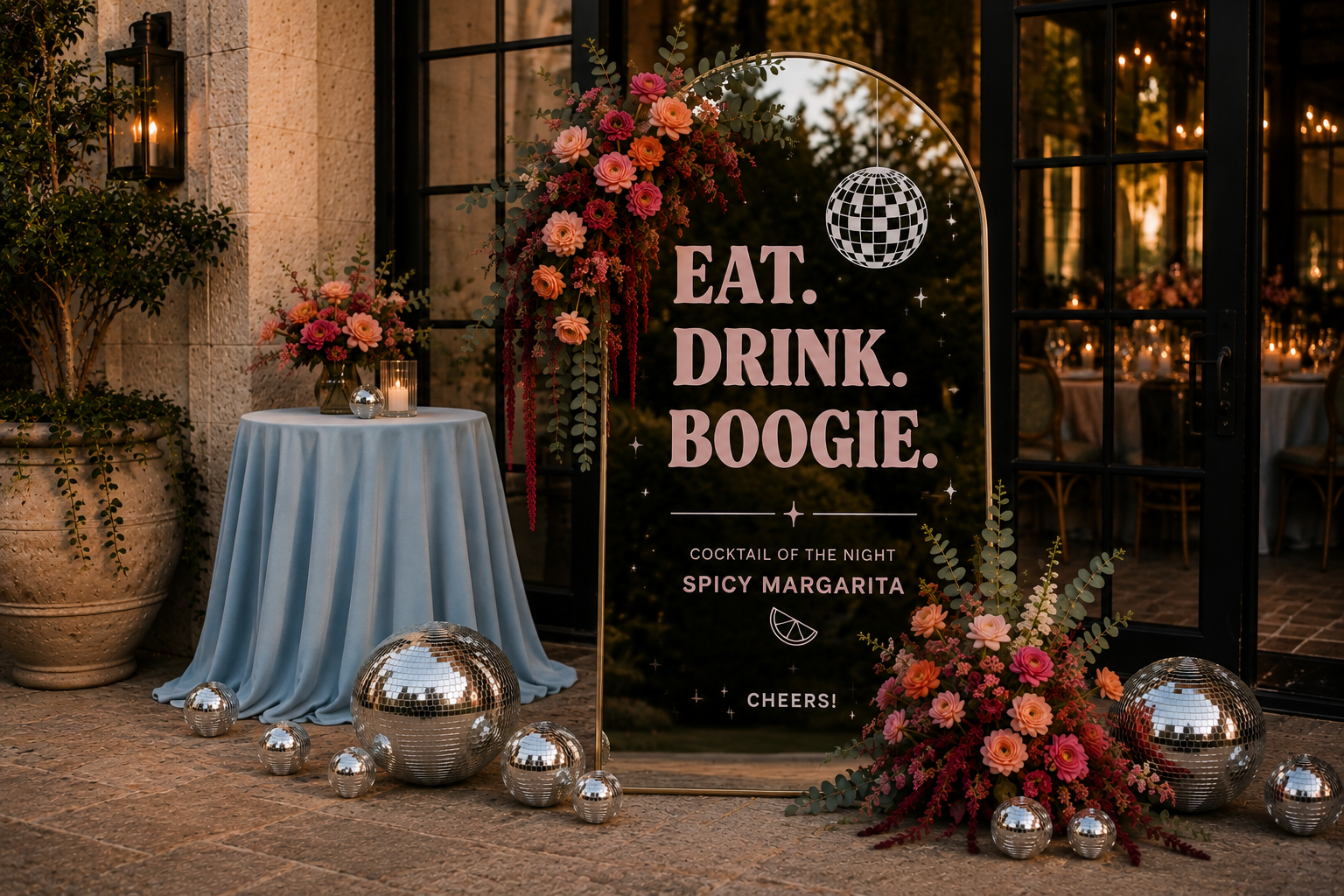 Mirrored wedding cocktail sign with retro typography, colorful florals, powder blue accents and disco balls showing how stationery design can extend into the event environment.
