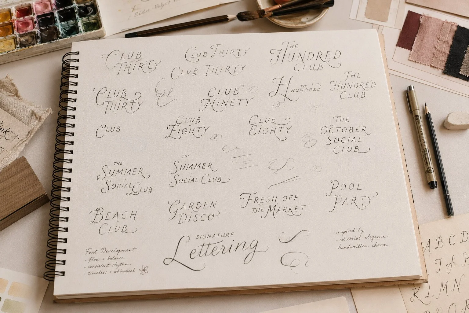 Sketchbook featuring the development of a custom signature lettering style with hand-drawn lettering concepts and typography studies.