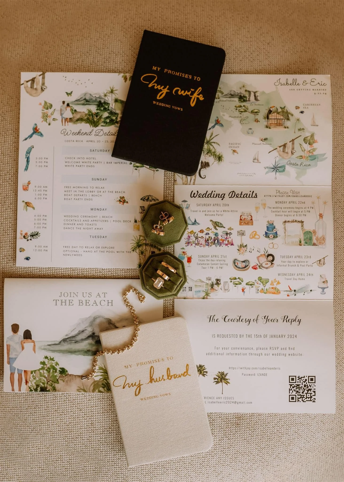 Flat lay of a custom illustrated destination wedding stationery suite featuring a hand-painted map, weekend itinerary, RSVP card, vow books, and coordinated wedding details for a Costa Rica wedding. Designed by IYHTVDesigns.