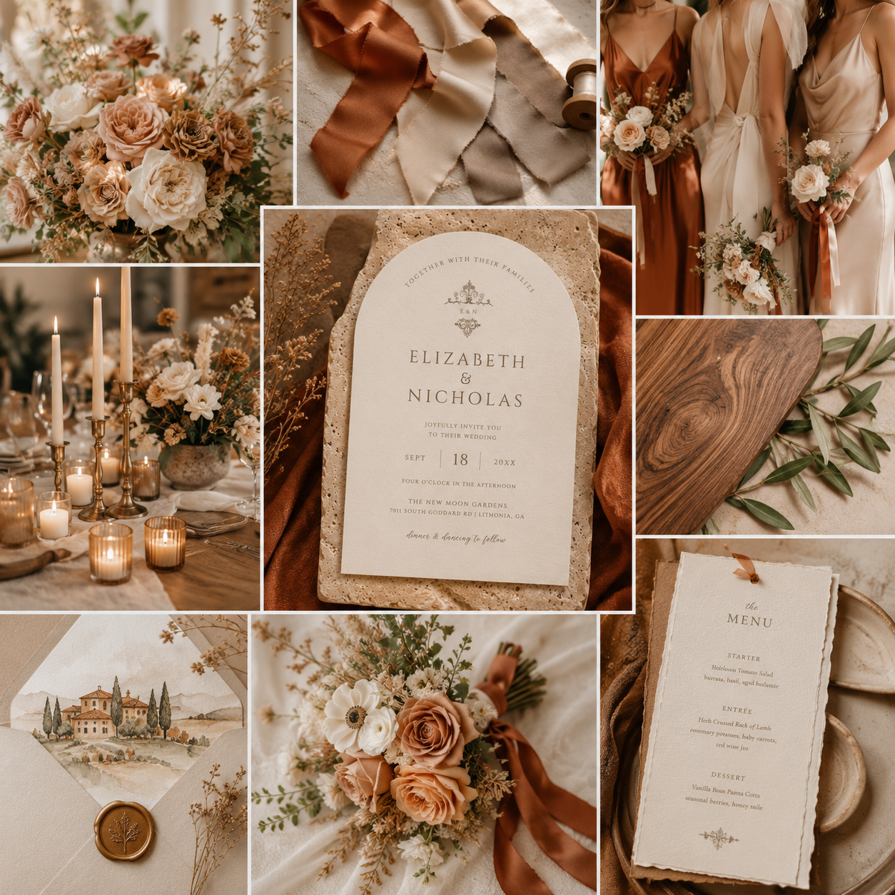 Wedding inspiration board featuring warm neutral florals, terracotta ribbons, bridesmaid dresses, candlelit tablescapes, natural wood textures, and elegant stationery inspired by the 2026 wedding colour palette.