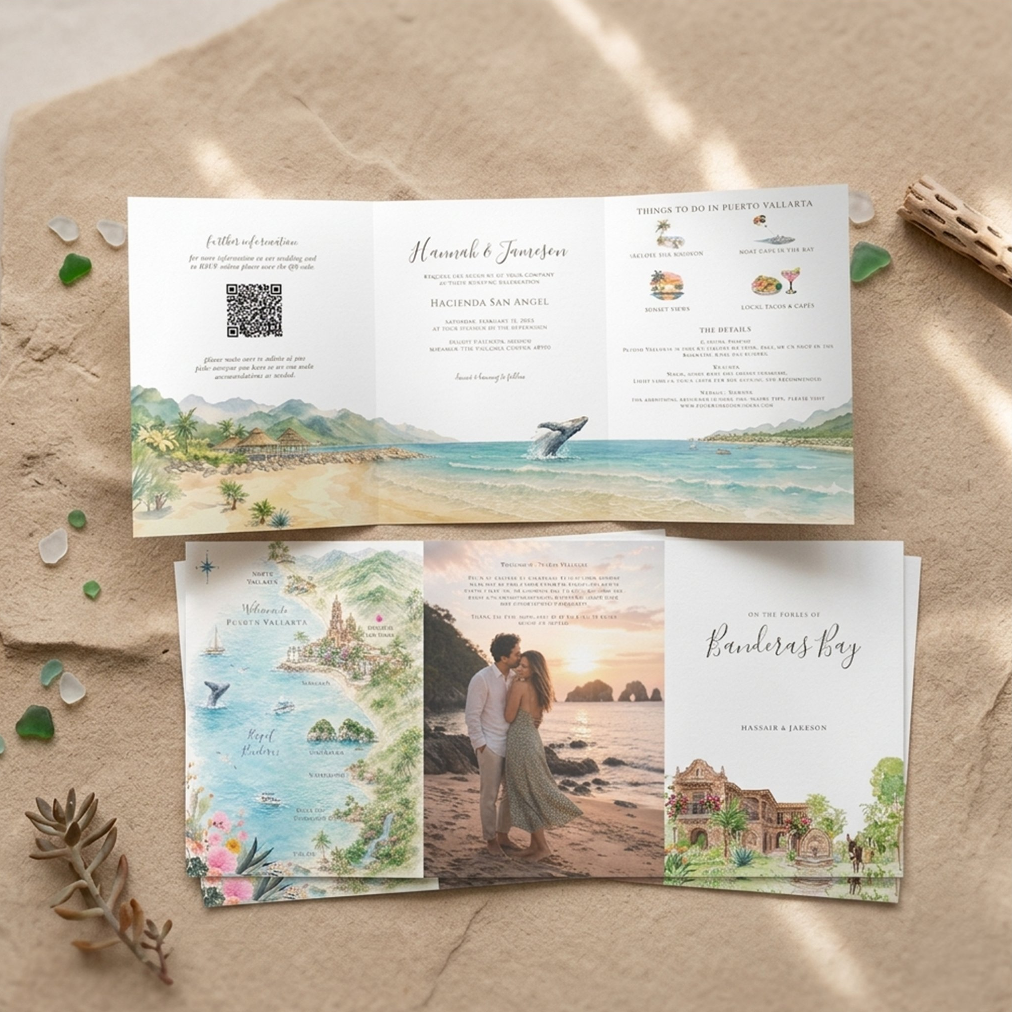 Custom Puerto Vallarta tri-fold wedding invitation featuring hand-painted watercolor illustrations of Hacienda San Angel, Banderas Bay, an illustrated Puerto Vallarta map, whale watching, local landmarks, and a destination wedding weekend itinerary.