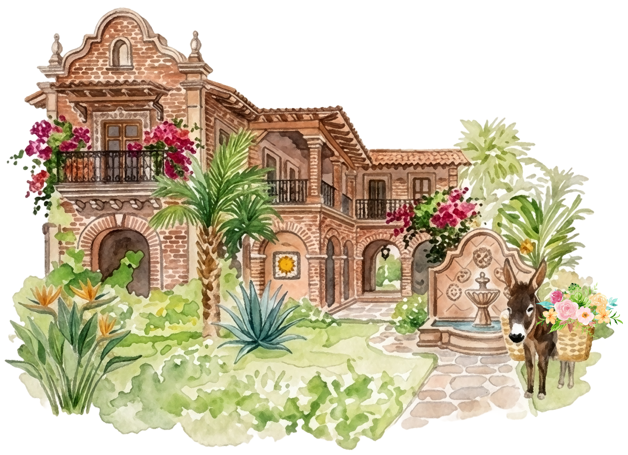 Hand-painted watercolor illustration of Hacienda San Angel in Puerto Vallarta, featuring the historic hacienda, tropical gardens, fountain, and a flower-carrying donkey.