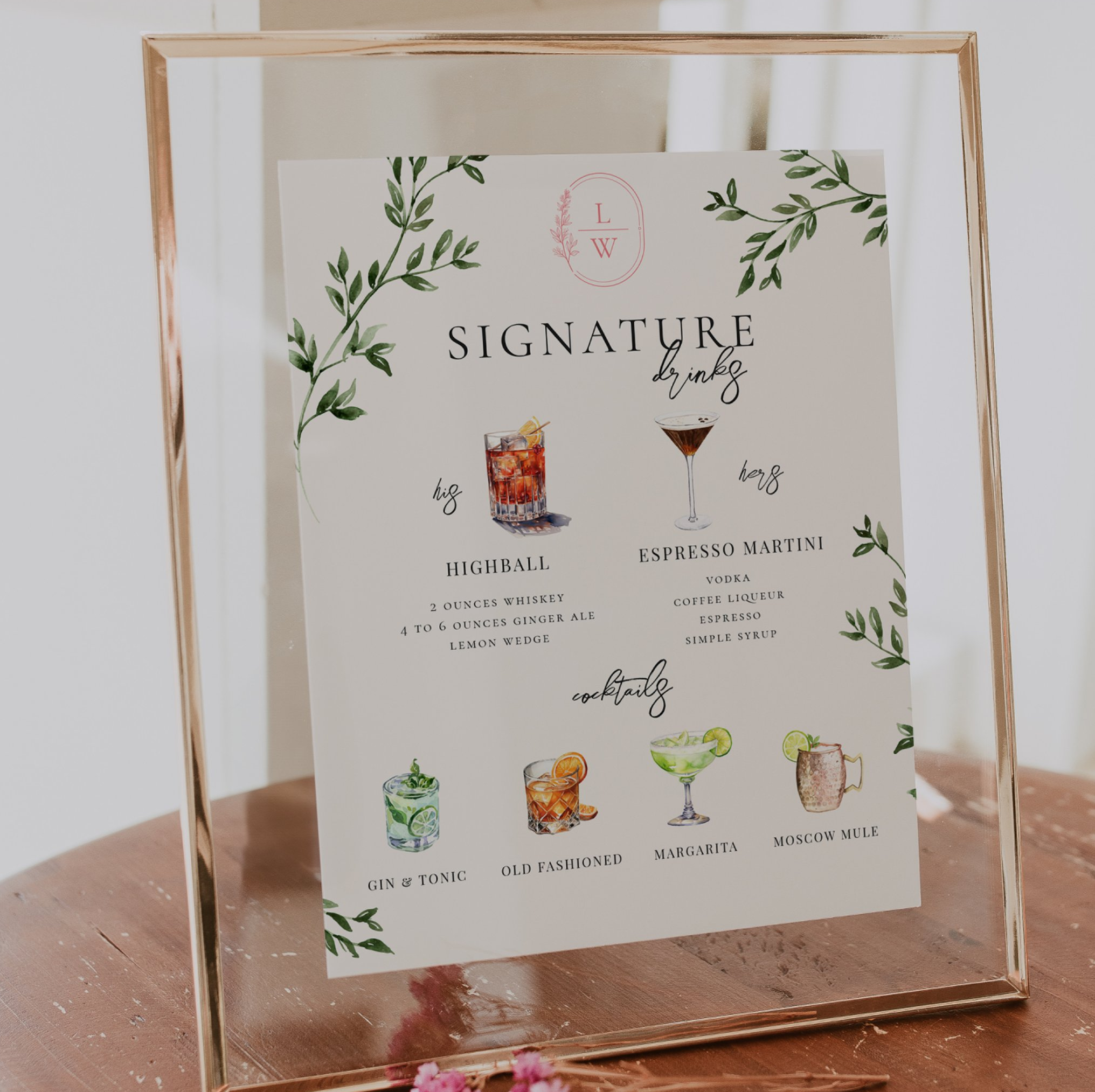 Custom illustrated signature drinks board featuring hand-painted watercolor cocktail illustrations, personalized wedding monogram and a curated cocktail menu for a wedding bar.