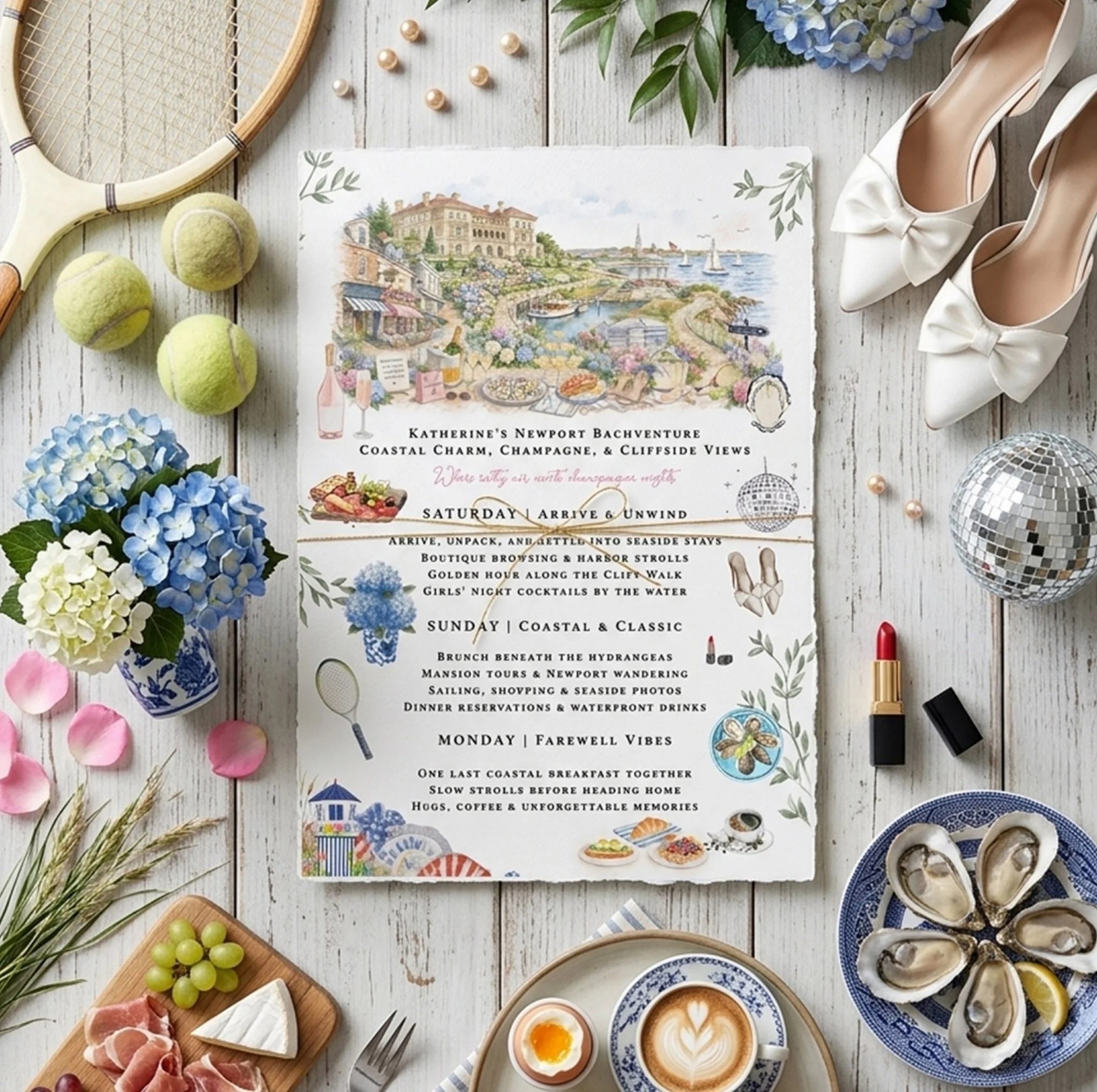 Illustrated Newport, Rhode Island bachelorette weekend itinerary featuring a custom hand-painted schedule with local landmarks, waterfront activities, dining recommendations, shopping, coastal scenery, and personalized details for a stylish girls' ge