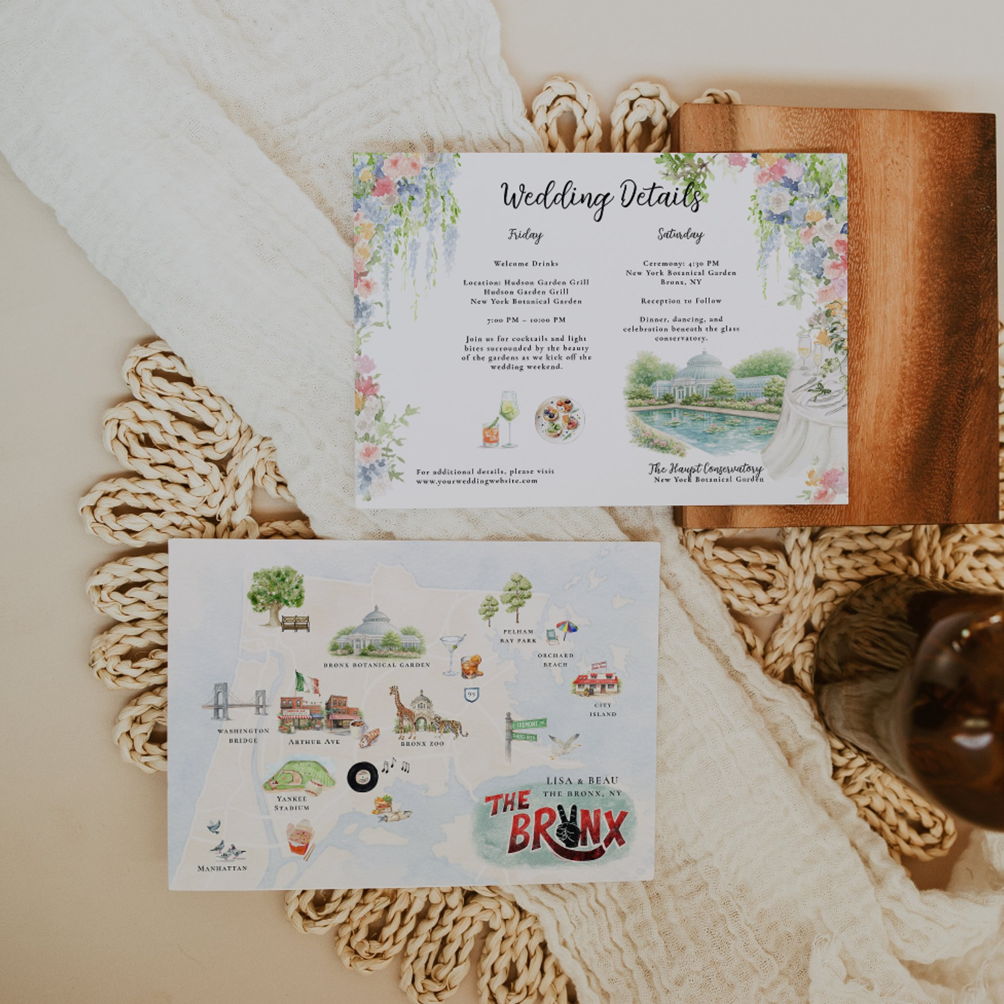 Illustrated Bronx, New York wedding weekend itinerary paired with a custom destination map featuring hand-painted local landmarks, neighborhood highlights, wedding venues, restaurants, and attractions to help guests explore the city throughout the ce