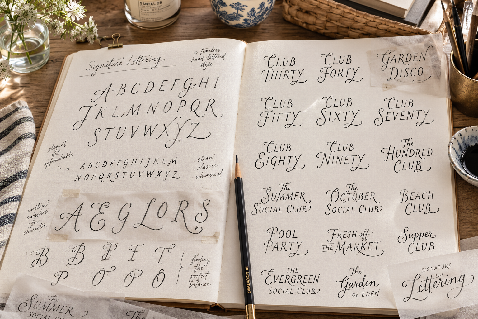 Sketchbook featuring the development of a custom signature lettering alphabet with hand-drawn letterforms, lettering studies, and typography concepts.