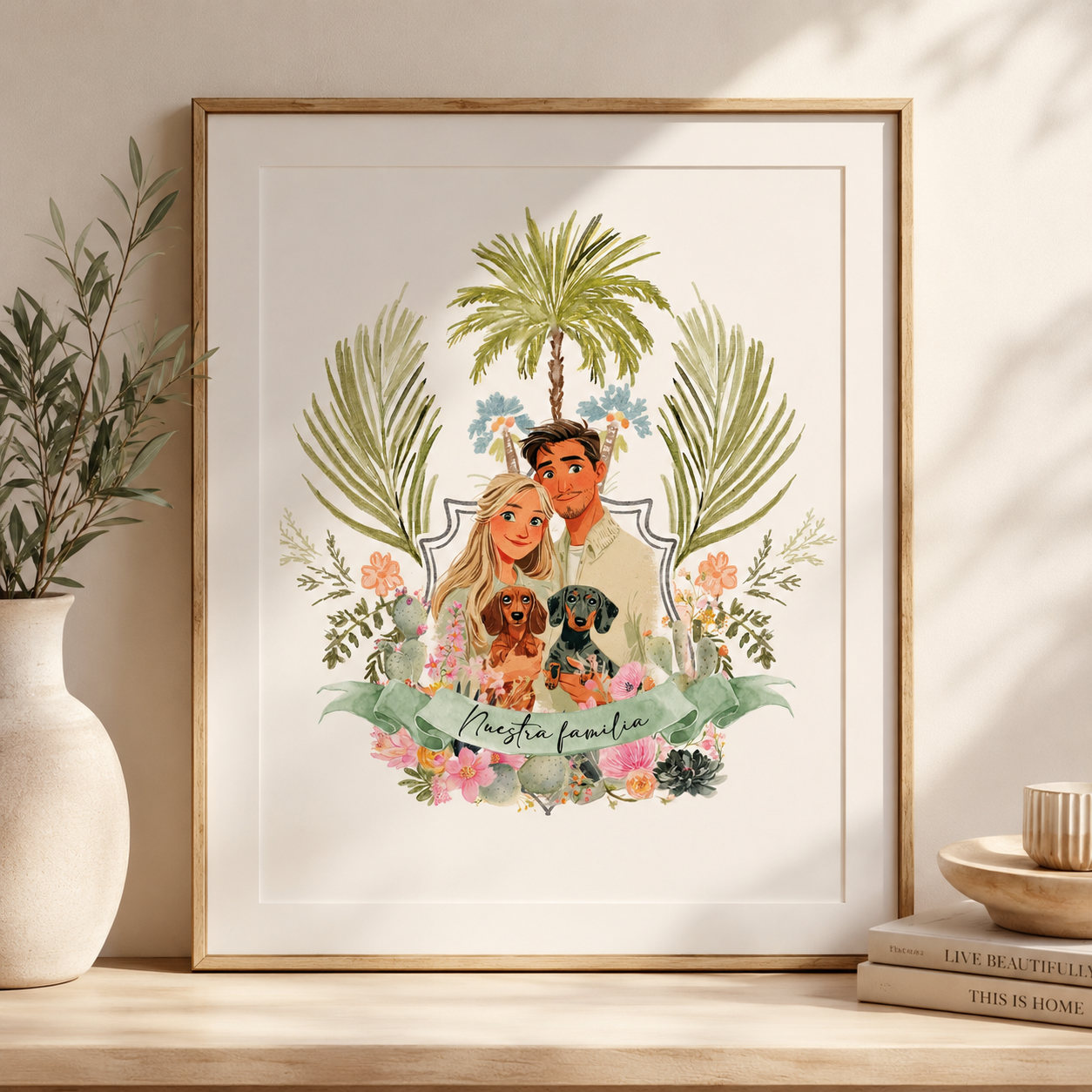 Framed custom watercolor family portrait featuring a couple with their two dachshunds surrounded by tropical palms, desert botanicals, and soft florals, displayed as personalized wall art for the home.