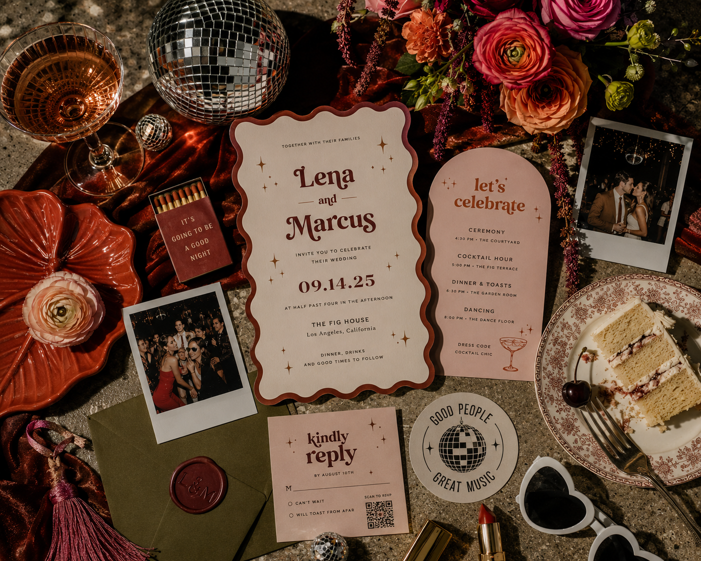 Overhead flat lay of retro-inspired wedding stationery surrounded by colorful flowers, disco balls, champagne, cake, vintage photographs and playful reception details.