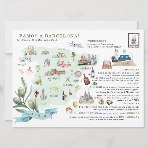 Illustrated Barcelona bachelorette weekend itinerary featuring a custom Spain map, travel schedule, local landmarks, and personalized destination illustrations.