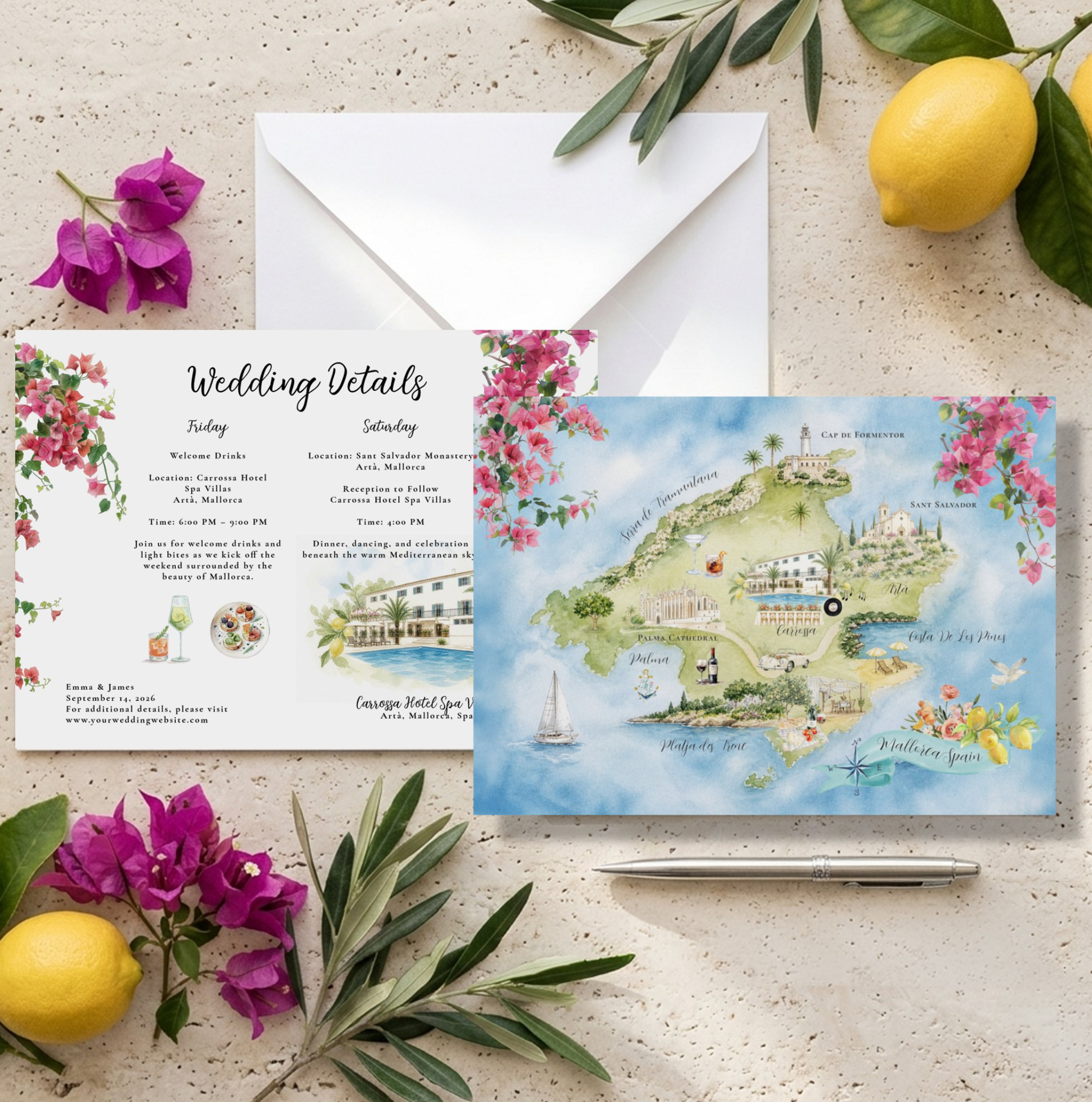 Illustrated Mallorca, Spain wedding weekend itinerary paired with a custom destination map featuring hand-painted landmarks, wedding venues, beaches, coastal scenery, and local attractions, creating a personalized guest guide for a Mediterranean dest