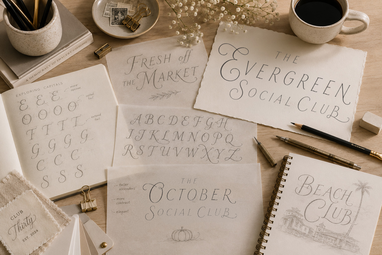 Creative workspace featuring the design process behind a custom signature lettering style with lettering explorations, alphabet studies, and typography refinements.