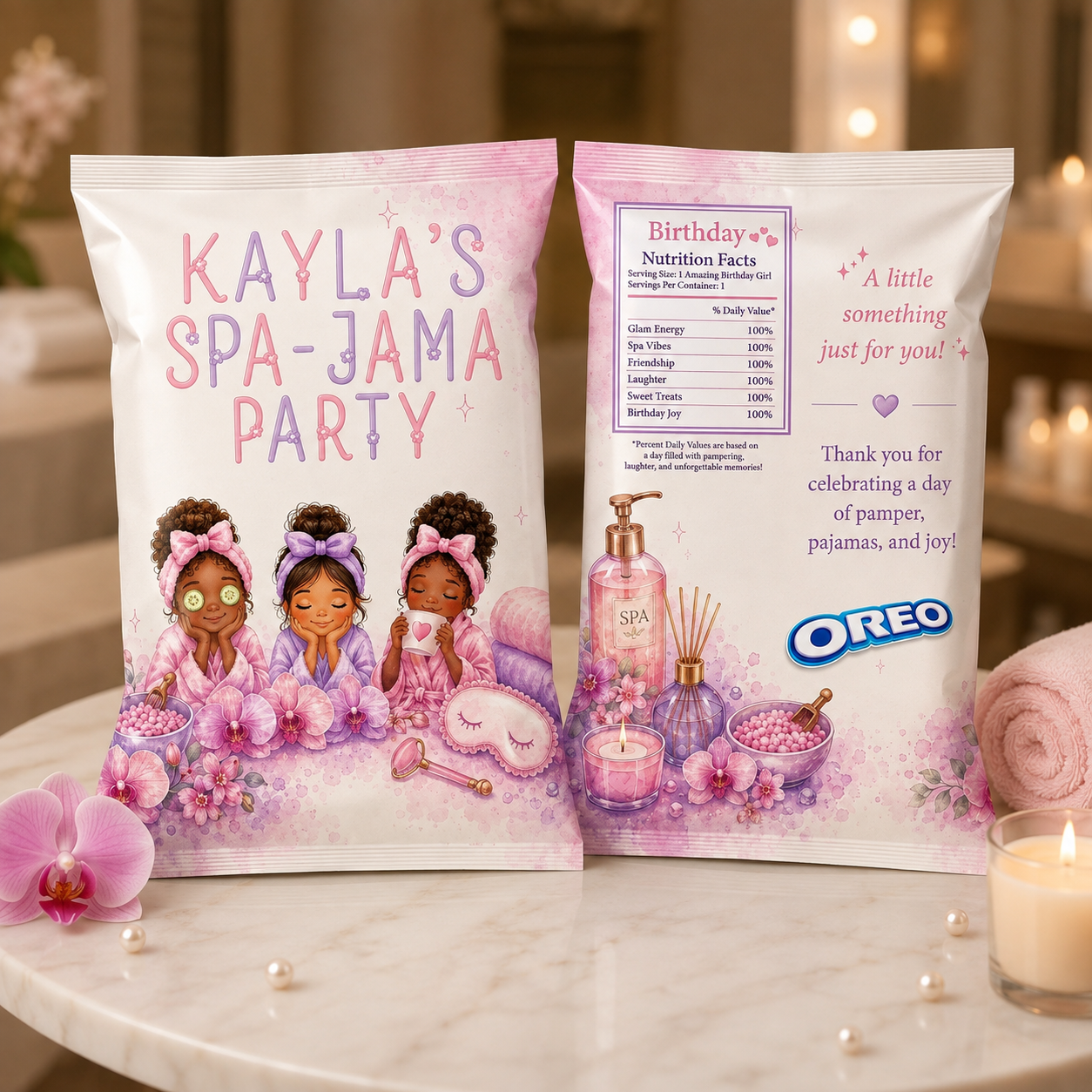 Custom illustrated spa-themed birthday party favor snack bag with personalized front and back designs for a girls' Spa-Jama celebration.