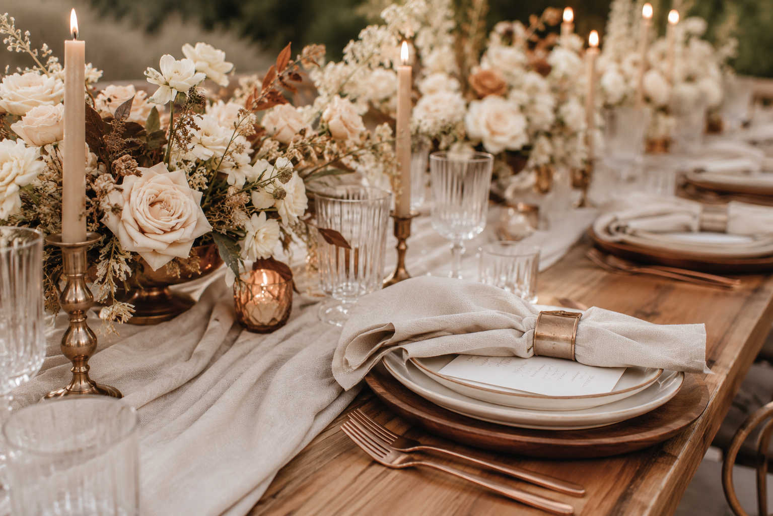 Elegant wedding tablescape featuring linen napkins, taper candles, neutral florals, natural wood, and warm earth tones in a minimalist editorial style.