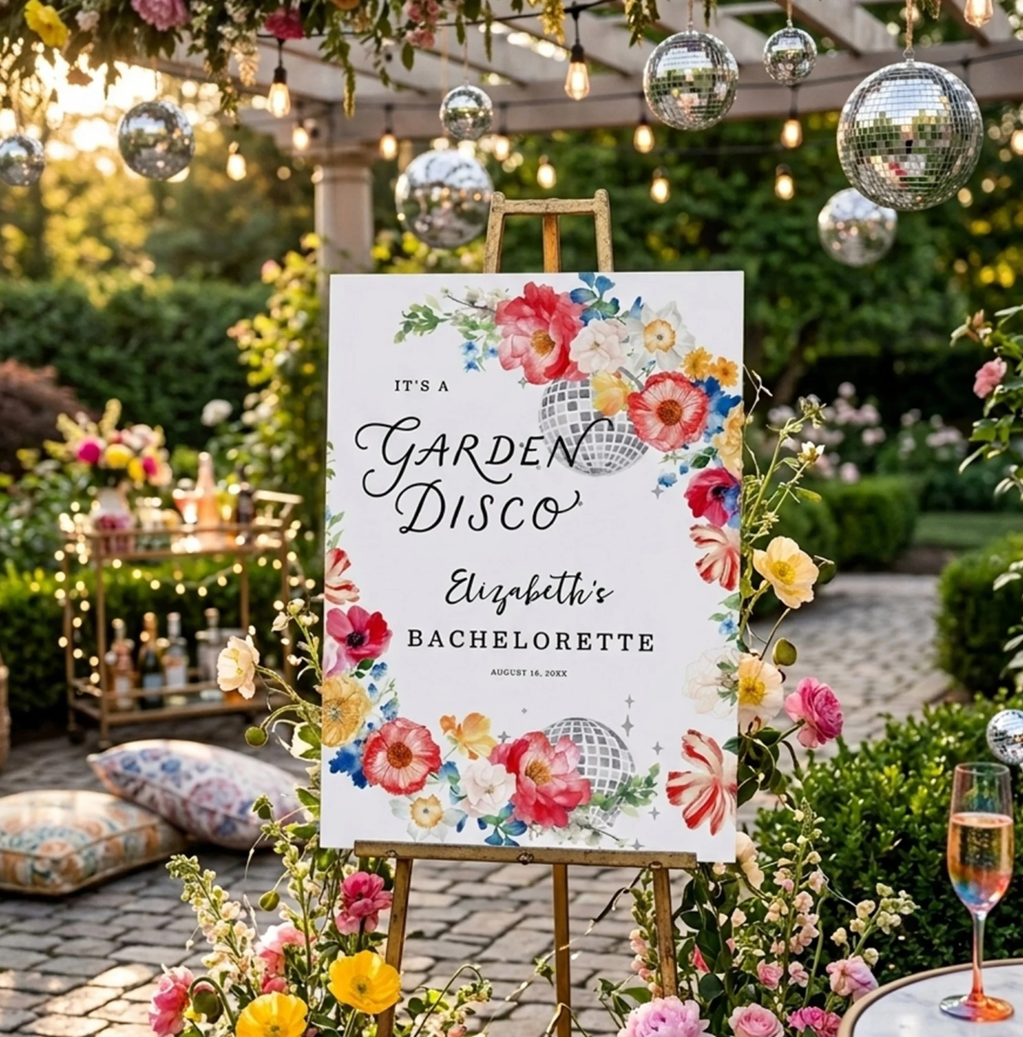 Custom Garden Disco bachelorette welcome sign featuring signature lettering, colorful watercolor florals, and disco ball illustrations displayed at an outdoor garden celebration.