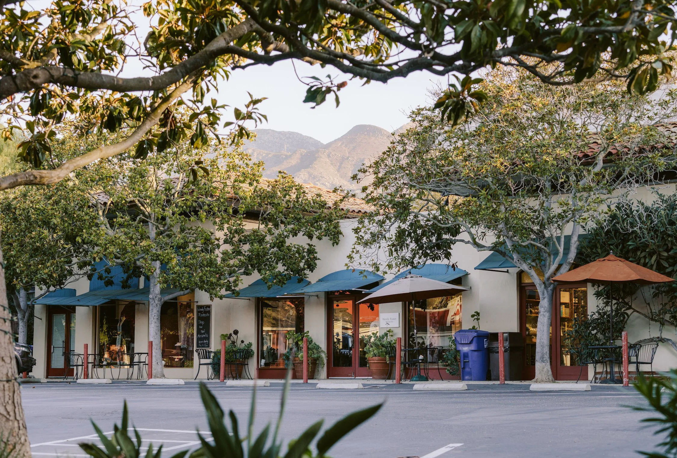 Plaza Del Sol shopping district in Montecito, California, surrounded by mature trees and mountain views. This destination was researched and photographed as reference for a custom illustrated map and place branding project created for Wendy Foster.