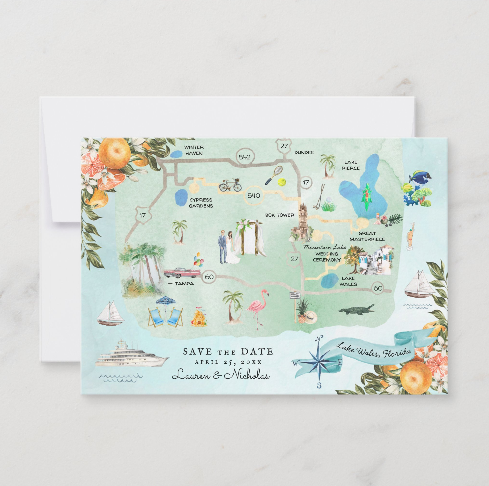 Illustrated Florida destination wedding save the date featuring a custom map with local landmarks, wedding locations, and personalized travel illustrations.