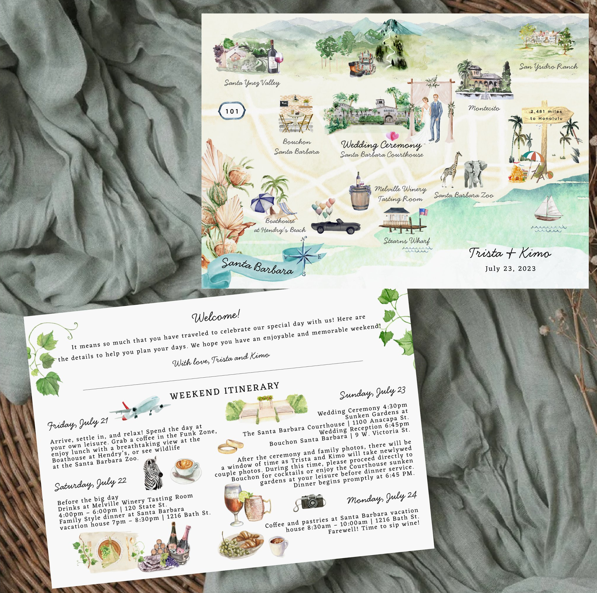 Illustrated Santa Barbara wedding weekend itinerary paired with a custom destination map featuring local landmarks, venues, and personalized travel details.
