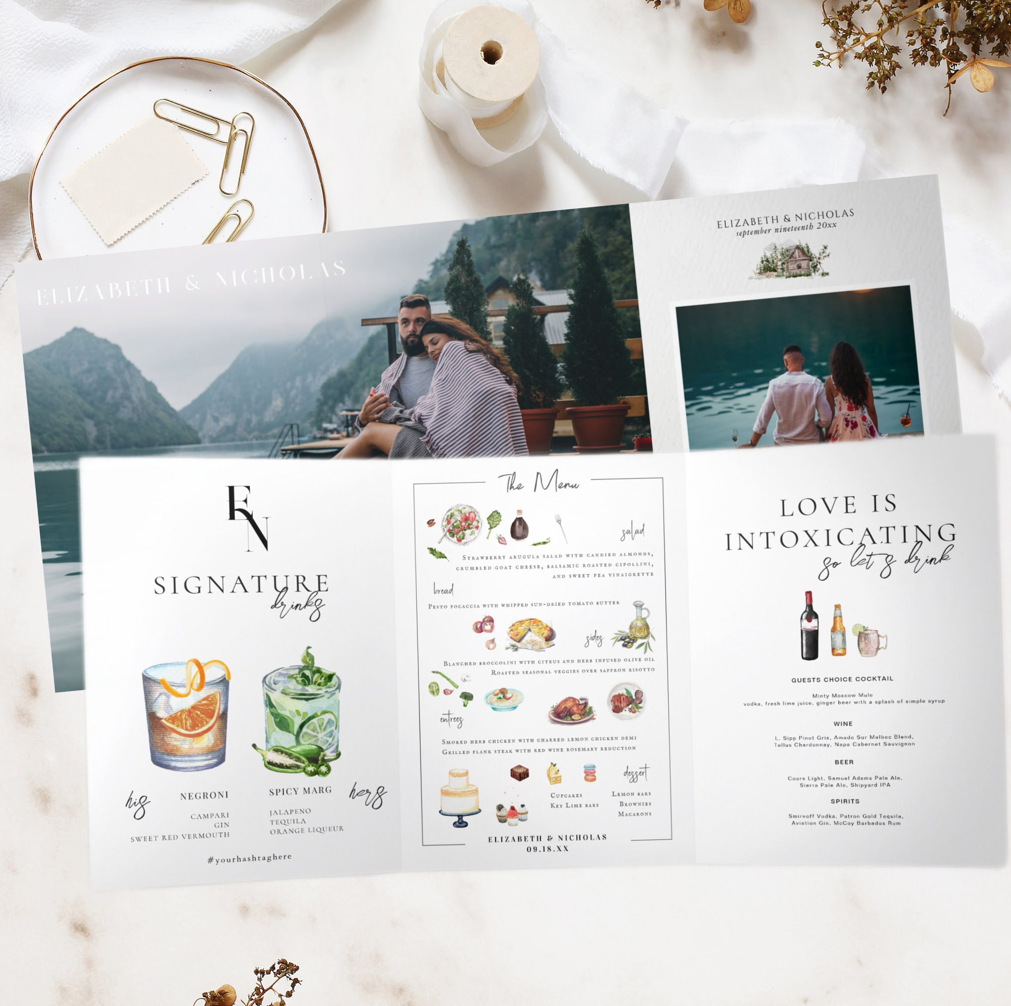 Coordinated illustrated wedding day-of stationery suite featuring a custom menu, signature drinks sign, bar menu, photo display and hand-painted watercolor food and cocktail illustrations.