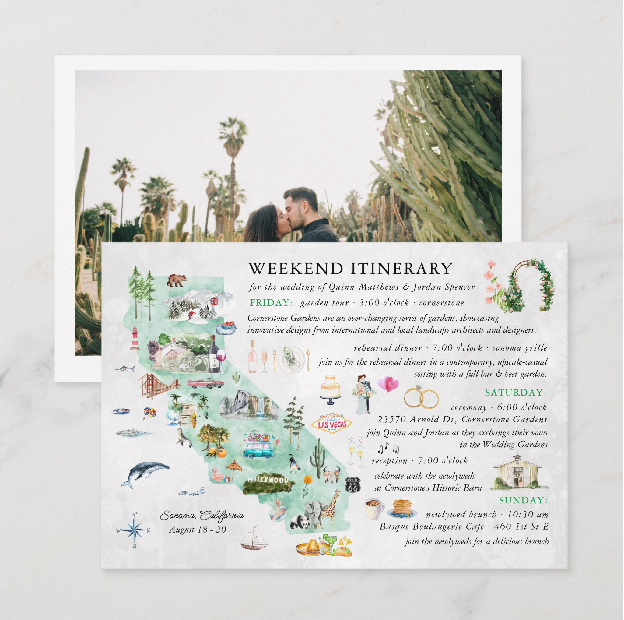 Illustrated California wedding weekend itinerary featuring a custom destination map with local landmarks, personalized icons, and a matching engagement photo.